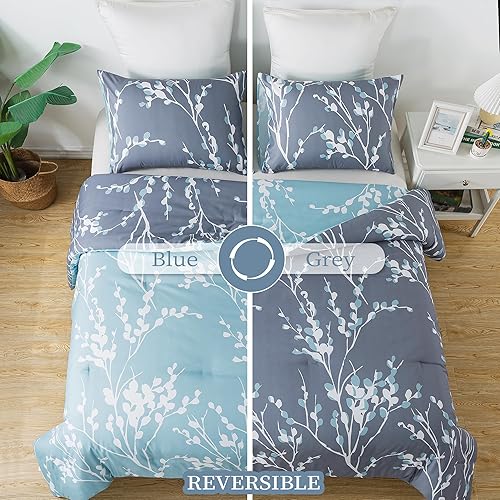 Miniatura 2 de Andency Juego de edredón verde tamaño matrimonial (79 x 90 pulgadas)  Juego de cama reversible de 3 piezas de microfibra suave y ligera con ramas de