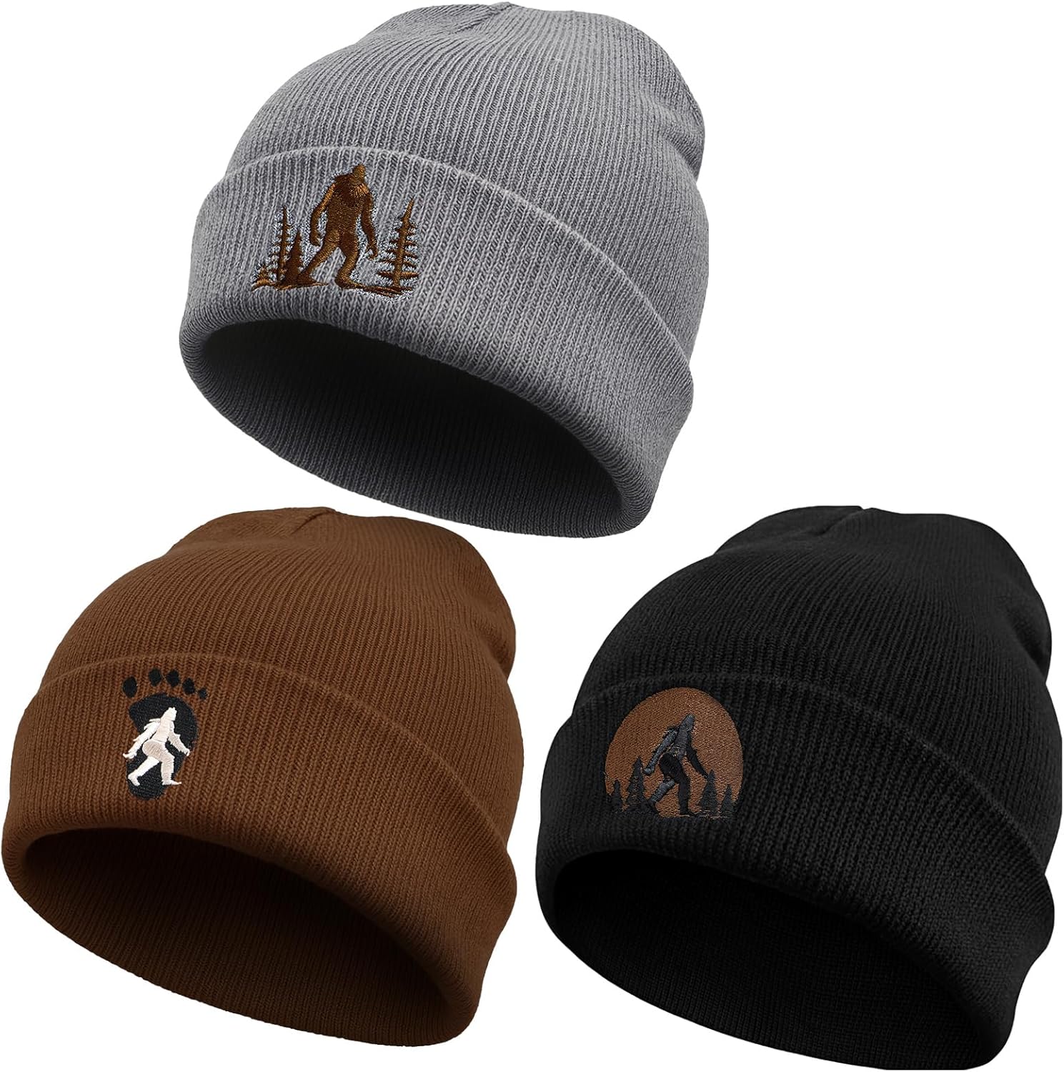 Berlune 3 Pcs Sasquatch Winter Beanie Hat Gifts for Men Winter Knit Cuffed Beanie for Men Women Warm Outdoor
