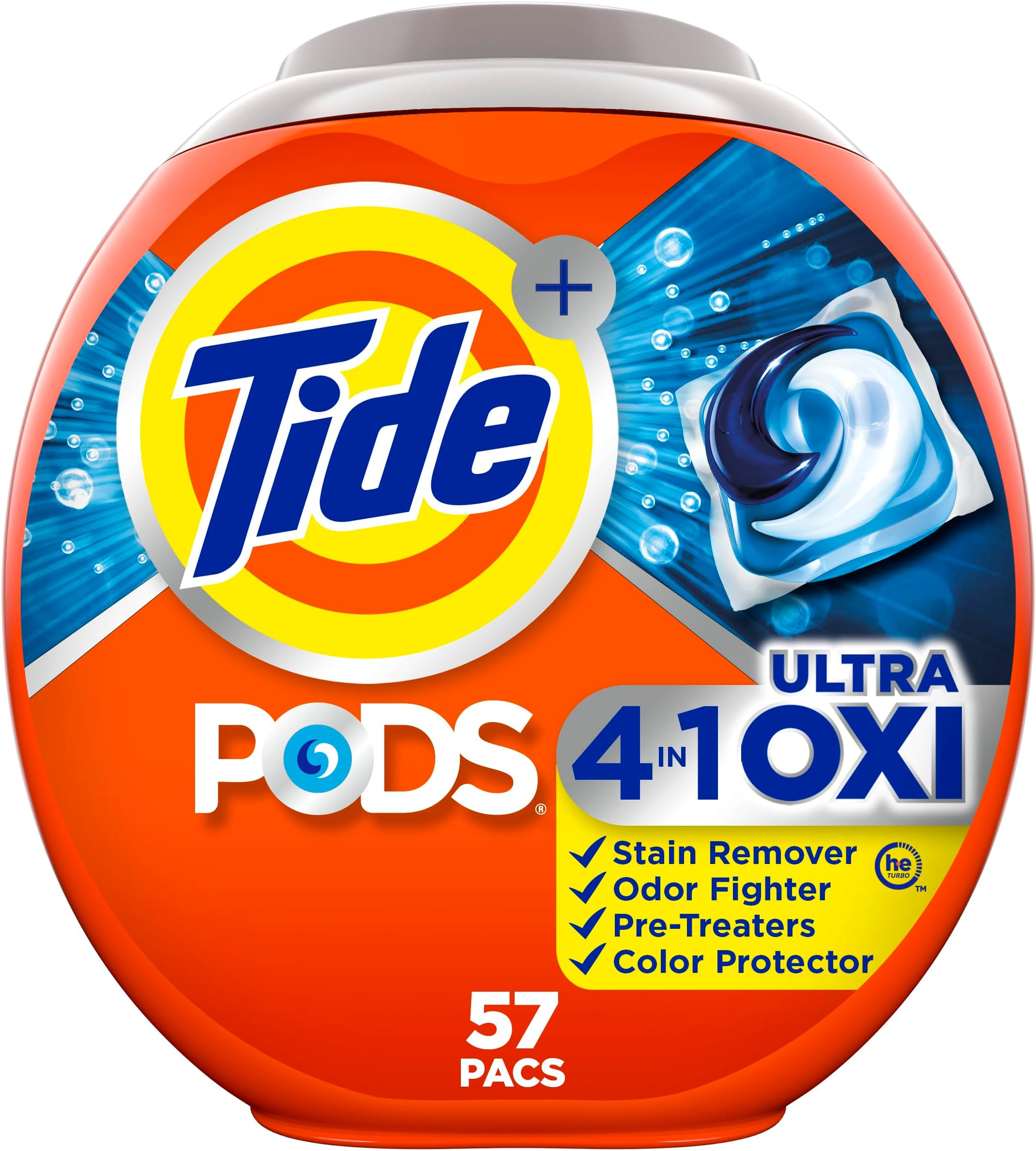 Tide PODS Liquid Laundry Detergent Soap Pacs, 4-n-1 Ultra Oxi, HE Compatible, 57 Count, Built in Pre-treater for Stains