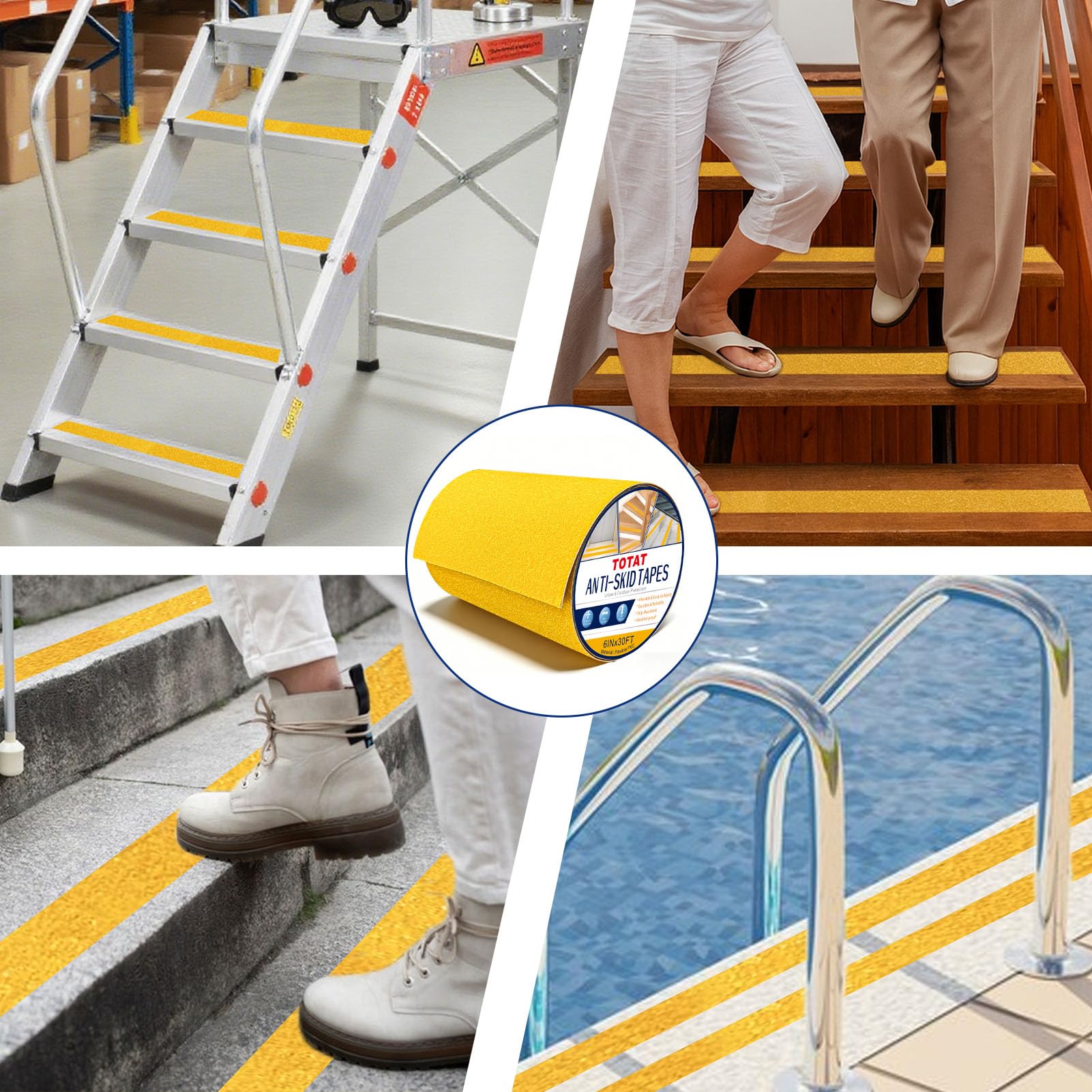 Cinta antideslizante de 6 pulgadas x 30 pies, cinta de tracción de seguridad de PVC amarillo para escaleras, escalones, rampas, bañeras, adhesivo de agarre para interiores y exteriores