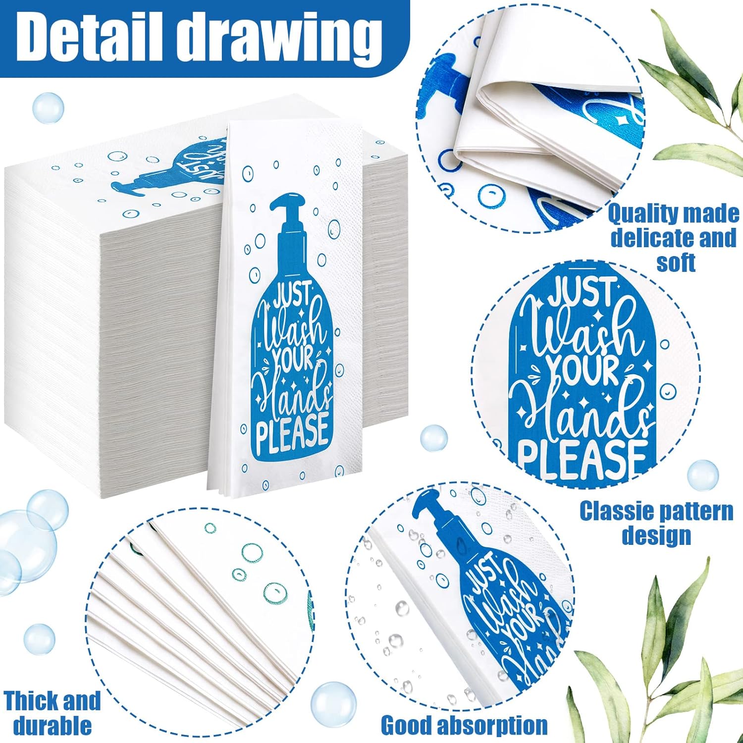 Yexiya 200 Pcs Paper Guest Towels Disposable Hand Towels Bathroom Guest Napkins Disposable Decorative Bathroom Napkins for Powder Room Wedding Holiday Birthday Baby Bridal Shower (White Dark Blue)