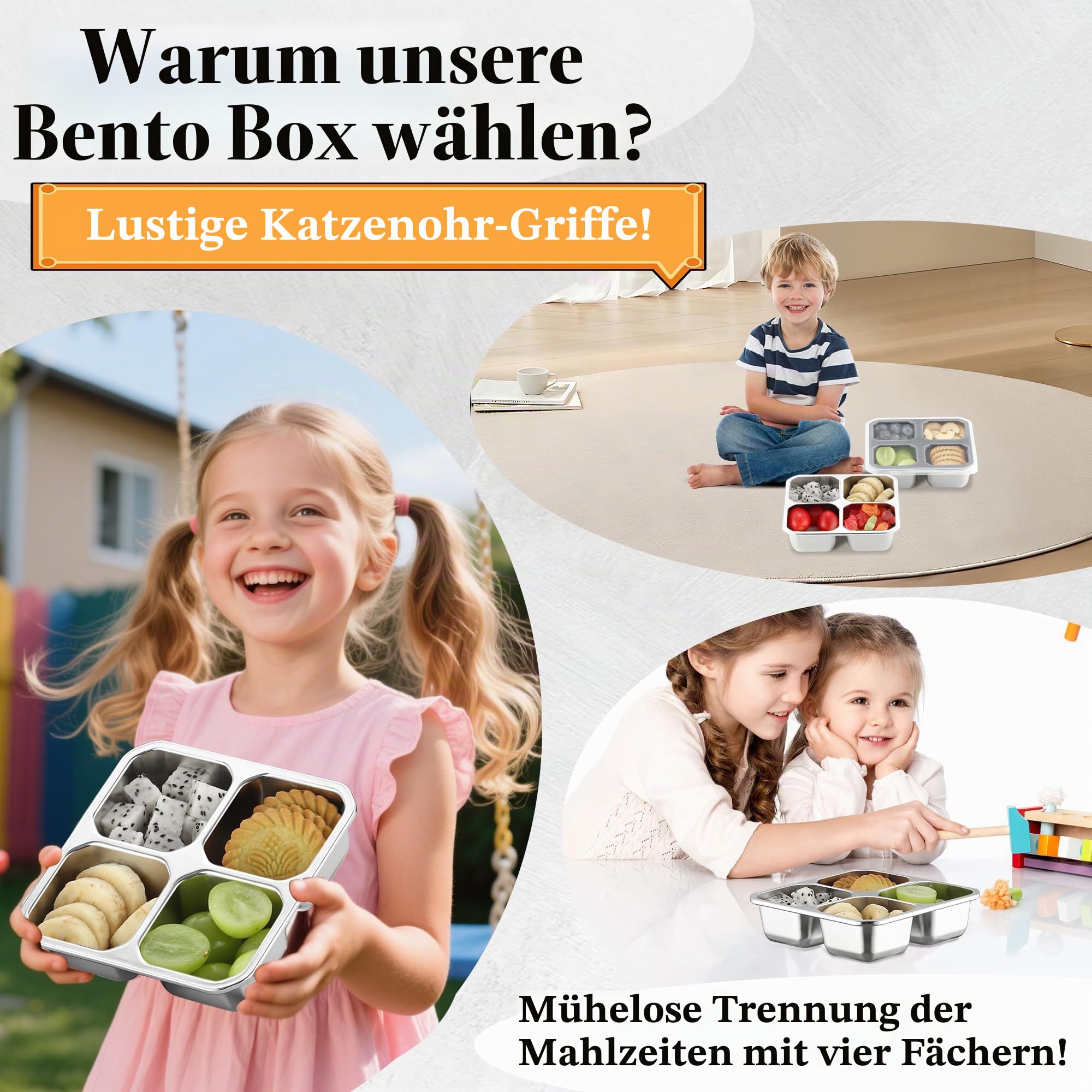 Misichao Snackbox mit 4 Fächern Edelstahl, 400ml Snackdose für Kinder & Erwachsene, Wiederverwendbare Lunchbox Bento Box mit Fächern für Schule, Arbeit & Camping