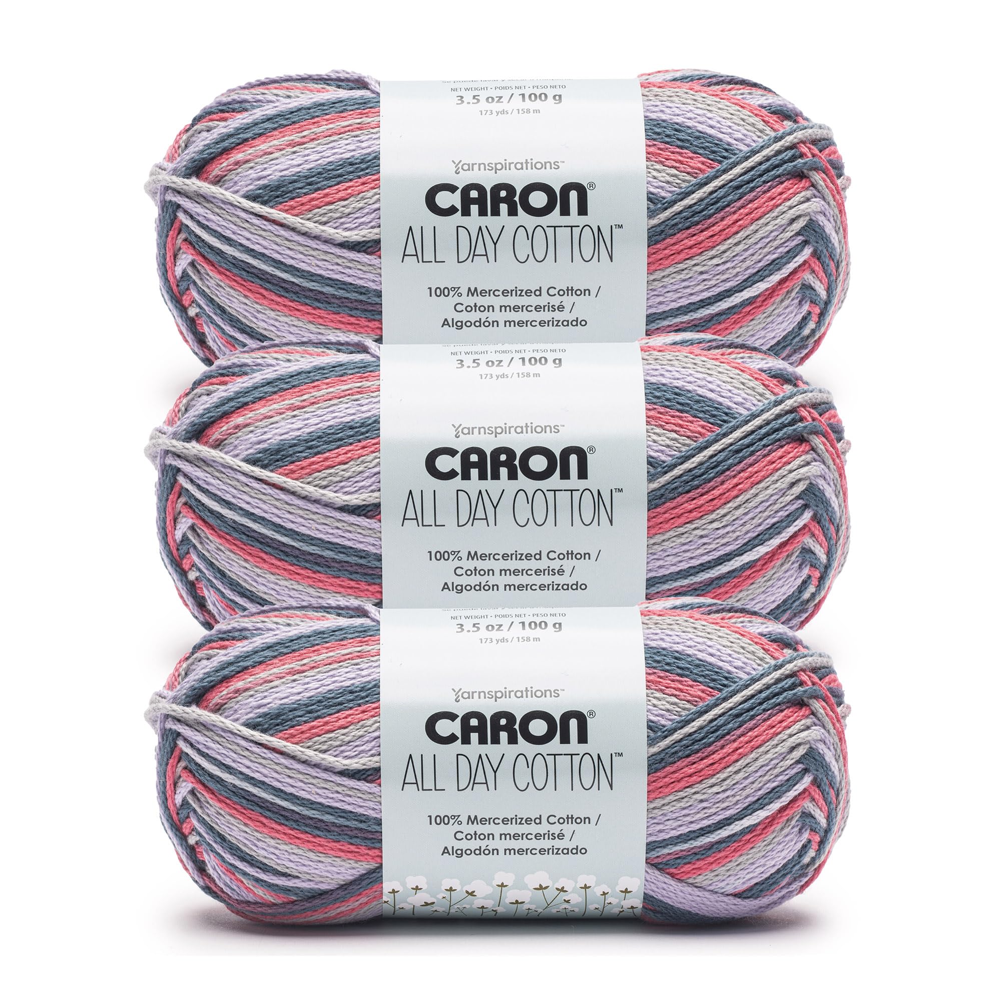 Caron All Day Cotton Prints Yarn for Crocheting, Morning Air, 3-Pack