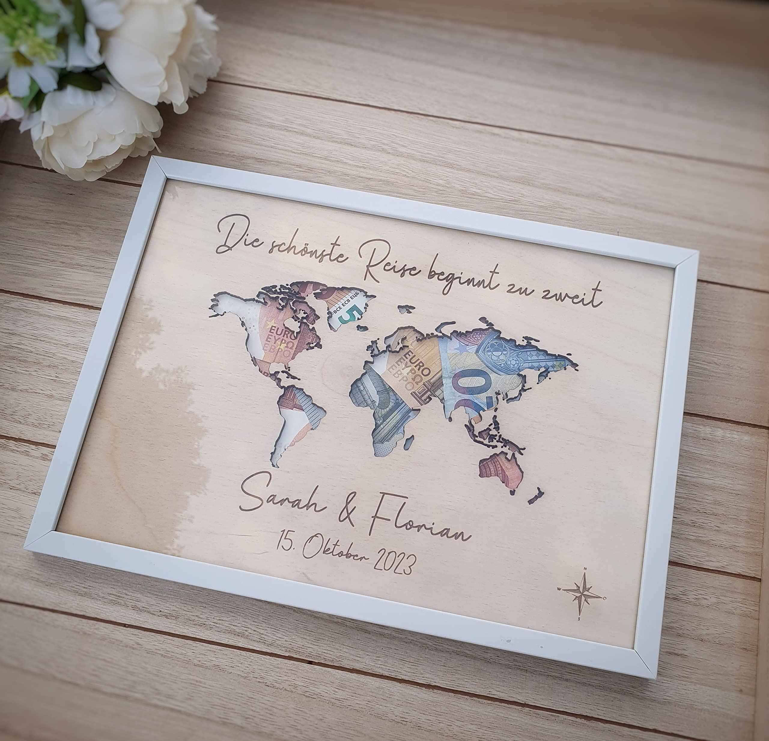 Generisch Hochzeitsgeschenk personalisiert | Geldgeschenk Hochzeit | Weltkarte personalisiert | Geschenk Hochzeit | personalisiertes Hochzeitsgeschenk | Geschenk Flitterwochen (Größe 30x20 cm)