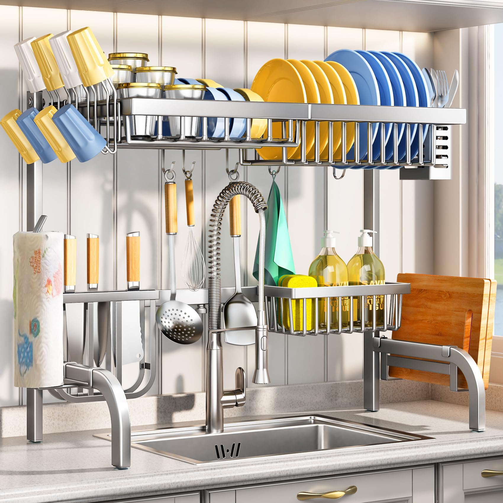 Over The Sink Dish Drying Rack, Stainless Steel Adjustable (25.5 to 33.5 inch) 2 Tier Dish Drying Racks for Kitchen Counter with Paper Towel Holder Cup Utensil Holder Sink Caddy Hooks, Silver