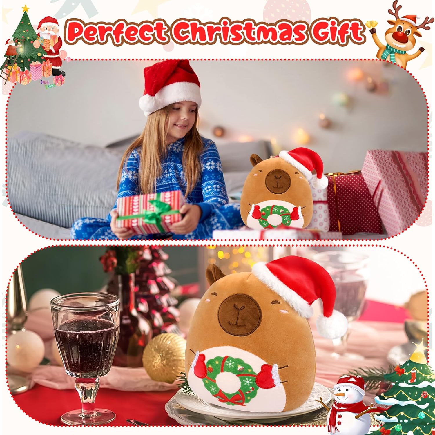 Christmas Capybara Plush,Cute Capybara Stuffed Animal with Santa Hat and Garland,Christmas Plush for Kids Boys Girls