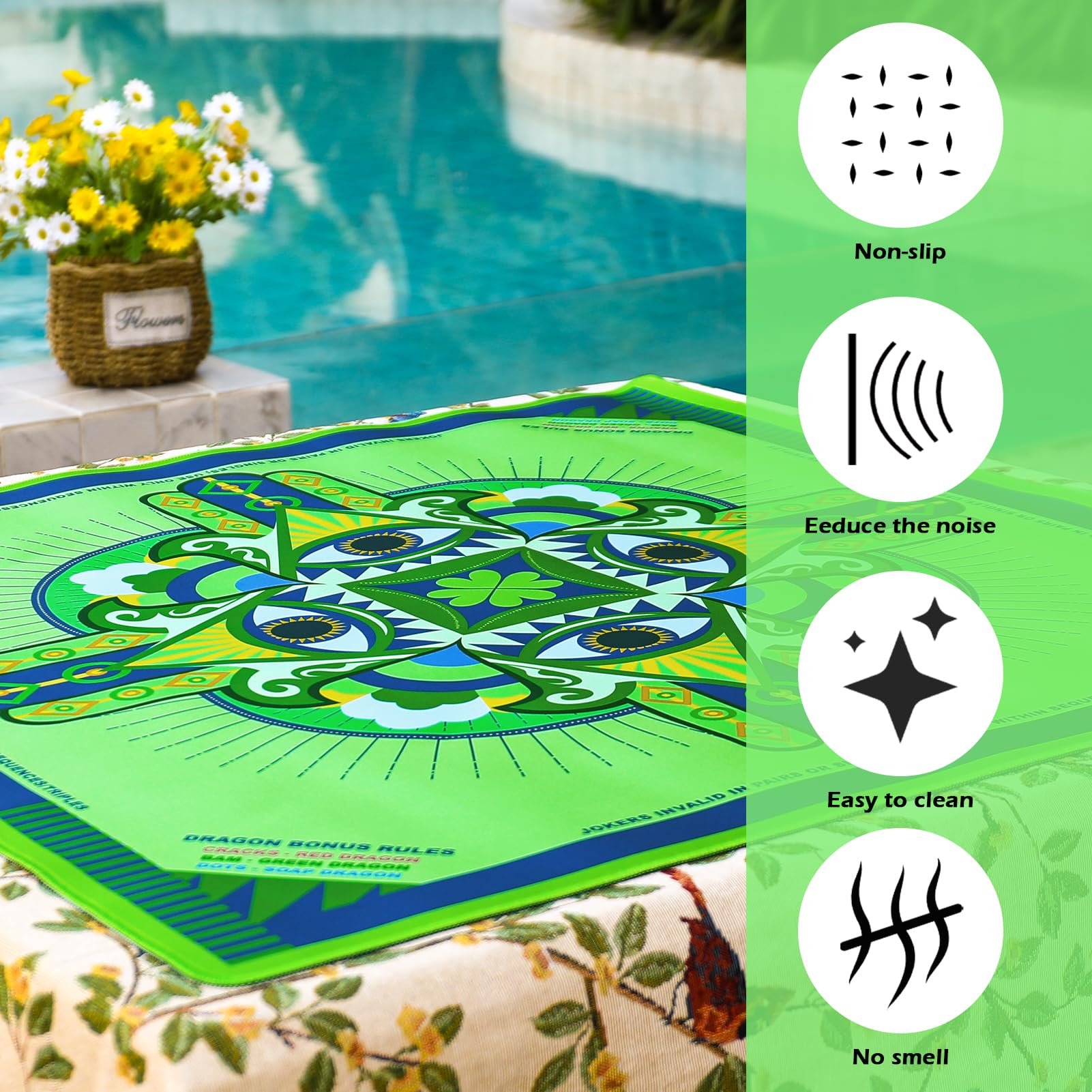 Tapis de mahjong en néoprène avec règles (83,8 x 83,8 cm), tapis de mahjong américain, antidérapant et réduction du bruit, tapis d'apprentissage du Mahjong, cadeau pour femme (vert chanceux)