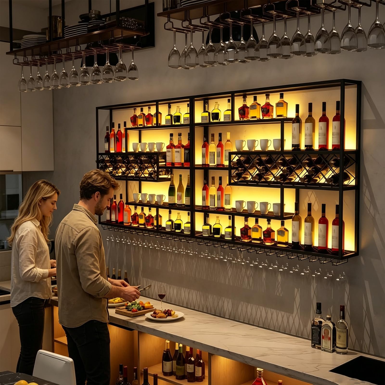 Estante de Pared para Vino con Rejilla y Luz LED | Botellero Industrial de Metal | 4Niveles con Soporte para Copas | Decorativo para Bar y Cocina(300CM)