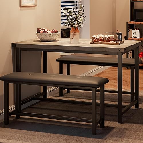IDEALHOUSE Dining Table Set for 4, Kitchen Table with Upholstered Bench, 3 Piece Rectangular Dining Room Table Set with 2 Benches, for Small Space, Apartment, Studio, Home, Retro Gray