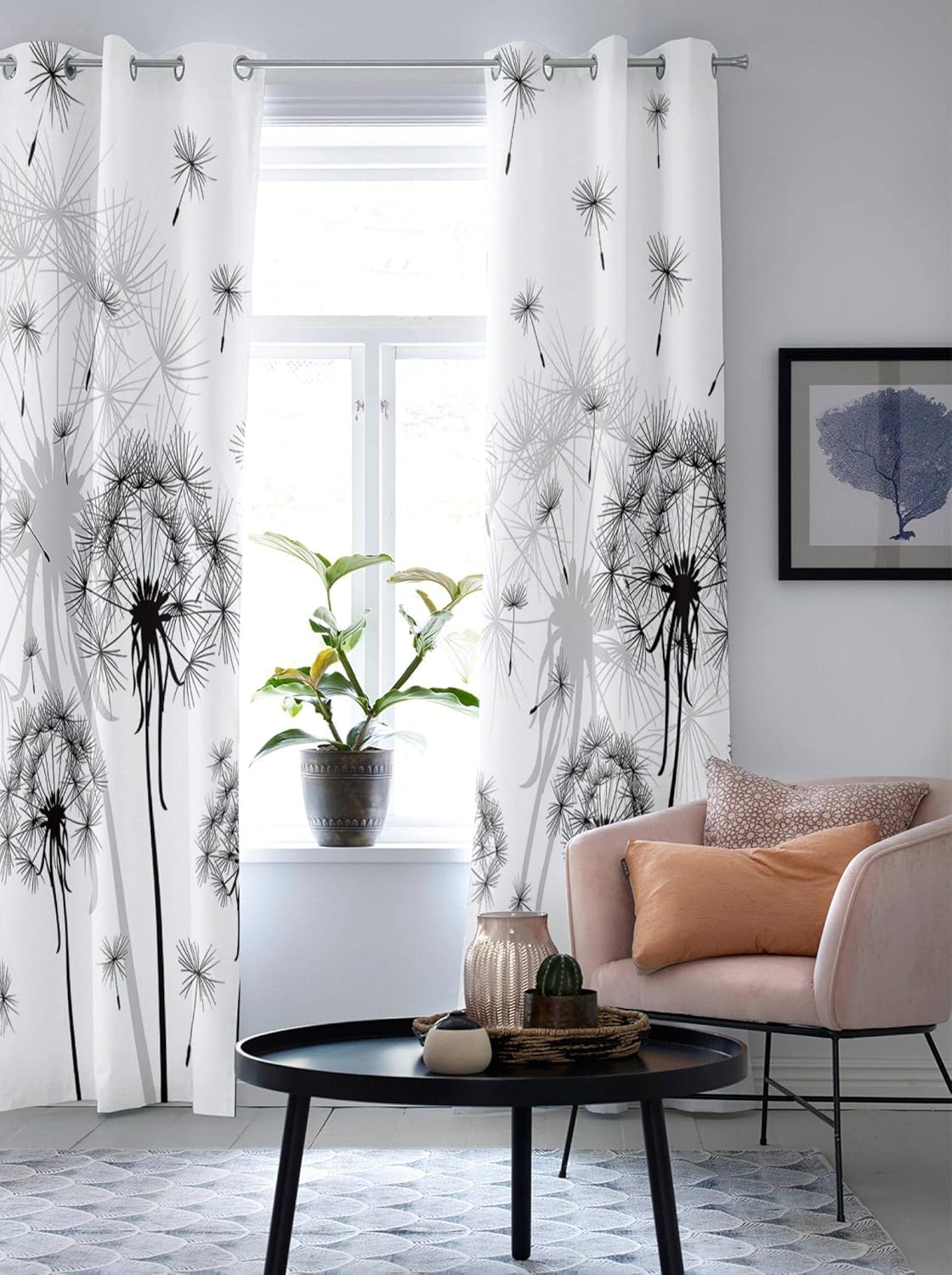 Black and White Dandelion Window Curtains for Living Room Bedroom Kitchen Decor Window Treatments Blackout Curtains 22(W) x(H) 37in/55x95cmx2pcs