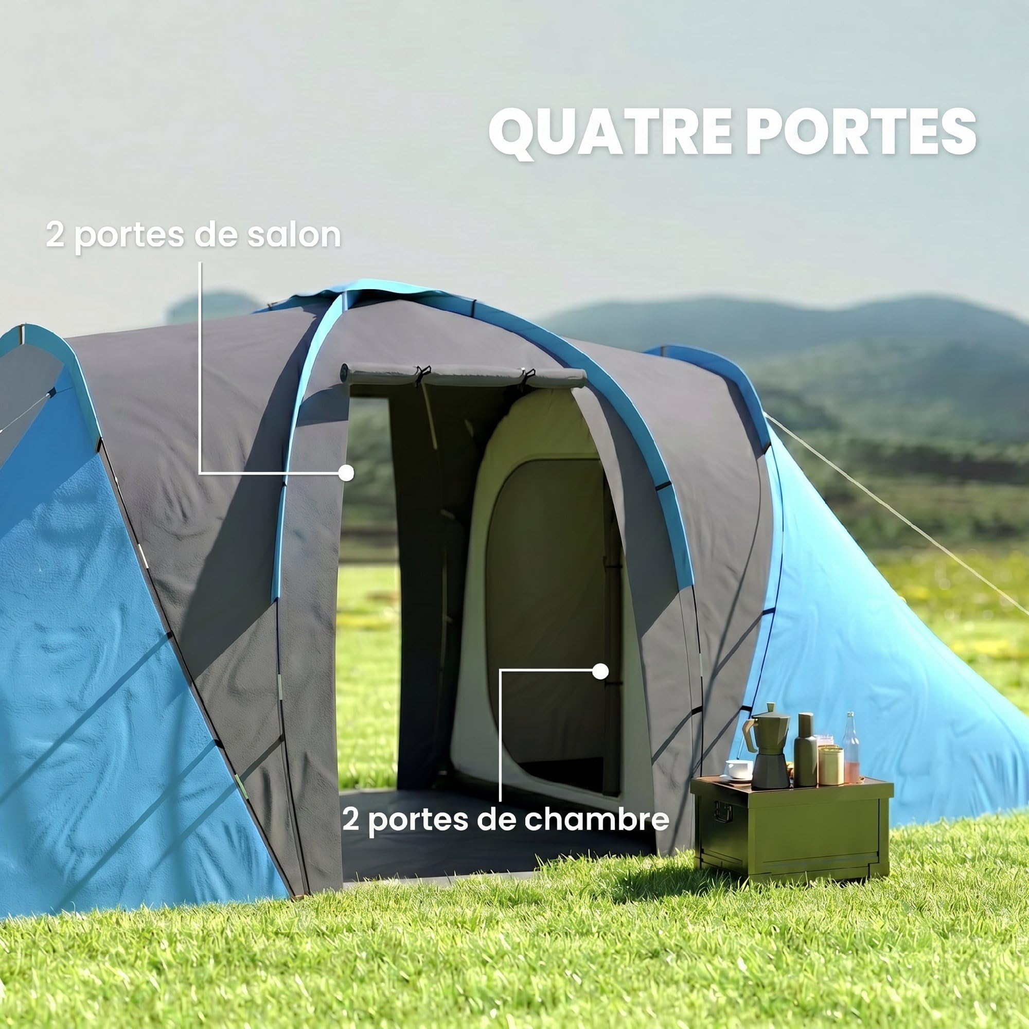 Outsunny Tenda a tunnel ventilata 4-6 Pers. 5,55 x 2,25 x 1,9 m, blu e grigio scuro | Campeggio familiare, 4 posti, leggero, 2 porte grandi, montaggio semplice, fibra di vetro e poliestere