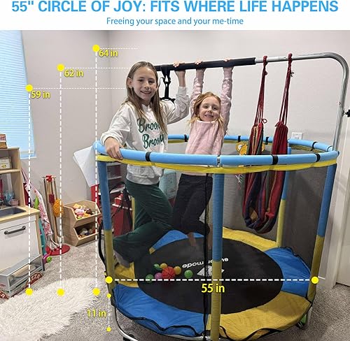 Miniatura 5 de Trampolín para niños, ajustable de 5 pies para niños pequeños, trampolín de bebé para interiores y exteriores con red de cierre, diseño seguro sin