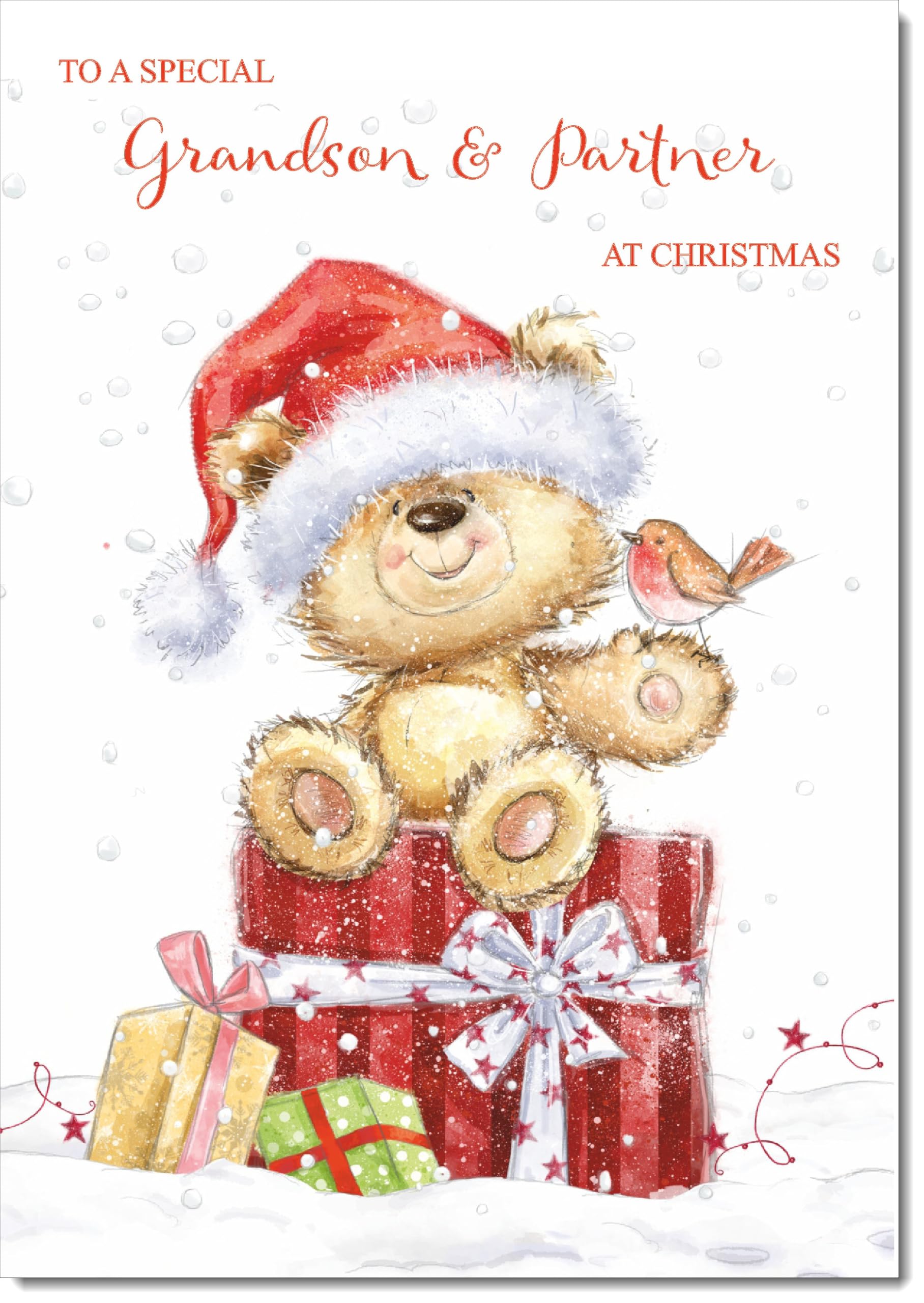 doodlecards Grandson and Partner Christmas Card Cute Bear on Parcel Large A4 Size Christmas Card for Grandson & Partner with Plain Envelope — image 1