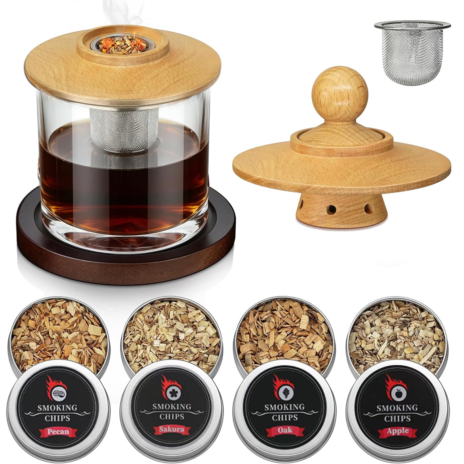 Affumicatore per Whisky UFO, Kit Affumicatore Cocktail con 4 Legni (Noce, Ciliegio, Quercia, Mela), per Whisky, Bourbon, Cocktail, Regalo per Uomo, Padre, Appassionati