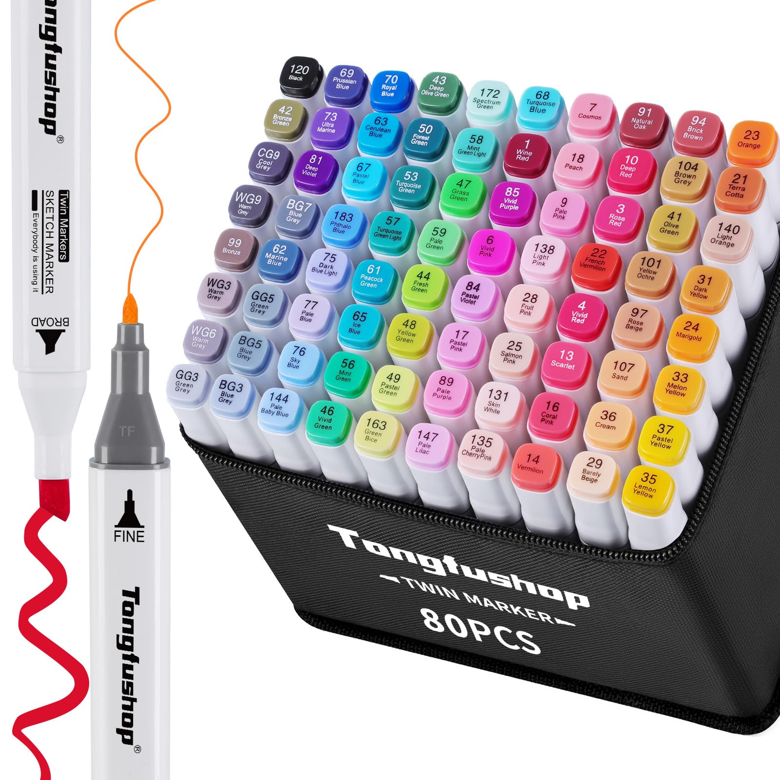 Tongfushop Marcatore 80 Colori, Pennarelli Doppia Punta, Pennarelli ad Alcool Professionali con Borsa e Distanziatore, Adatti per Sketch, Colorare, Illustrazioni, Disegnare, Anime