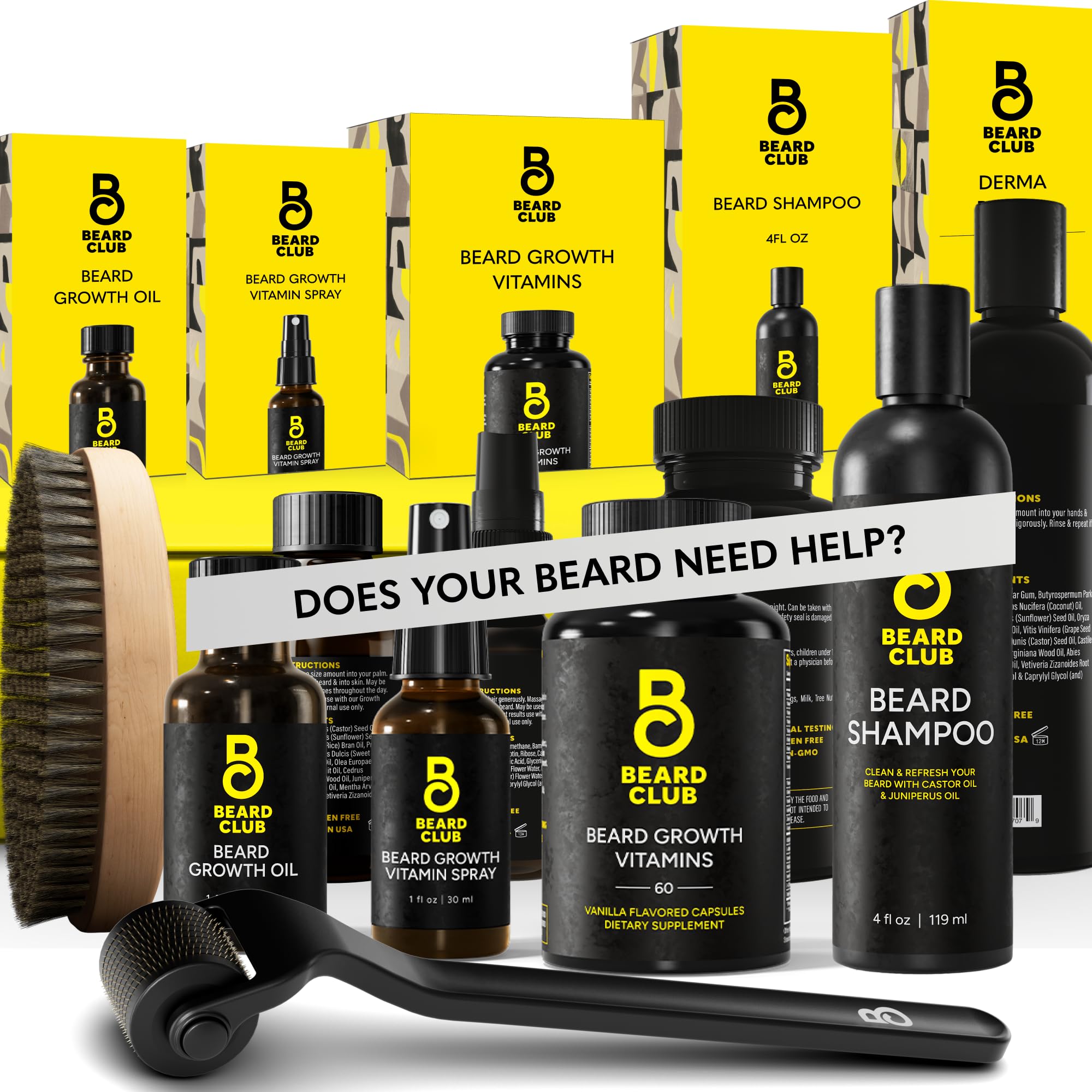 The Beard Club Advanced Beard Growth Kit - Derma Roller, Growth Oil, Vitamins and Vitamin Spray, Shampoo and Boar Bristle Brush - Gift Set - Cedar