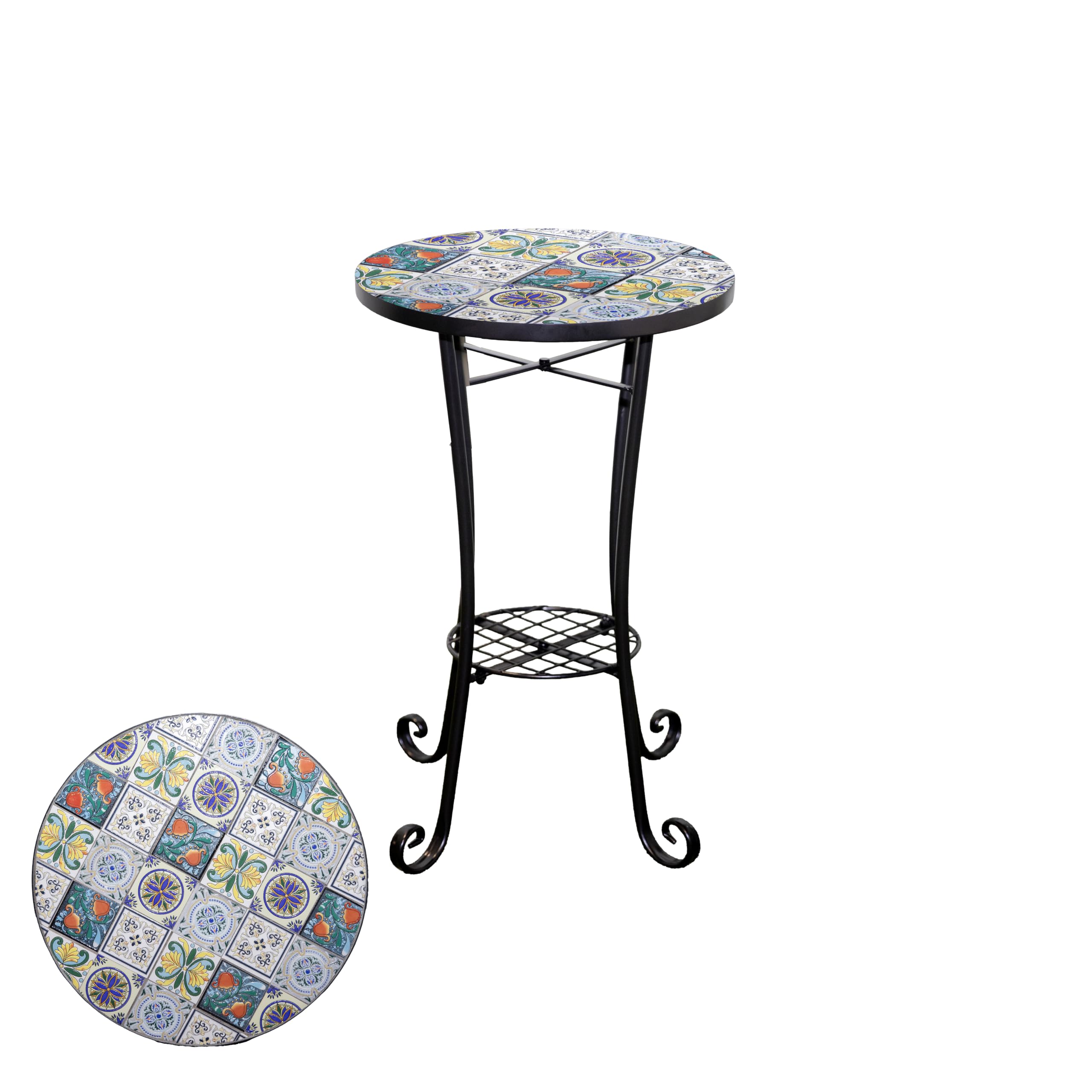 Mosaic Side Table 35cm Round Plant Stand with Shelf Lisbon Metal Tile Top