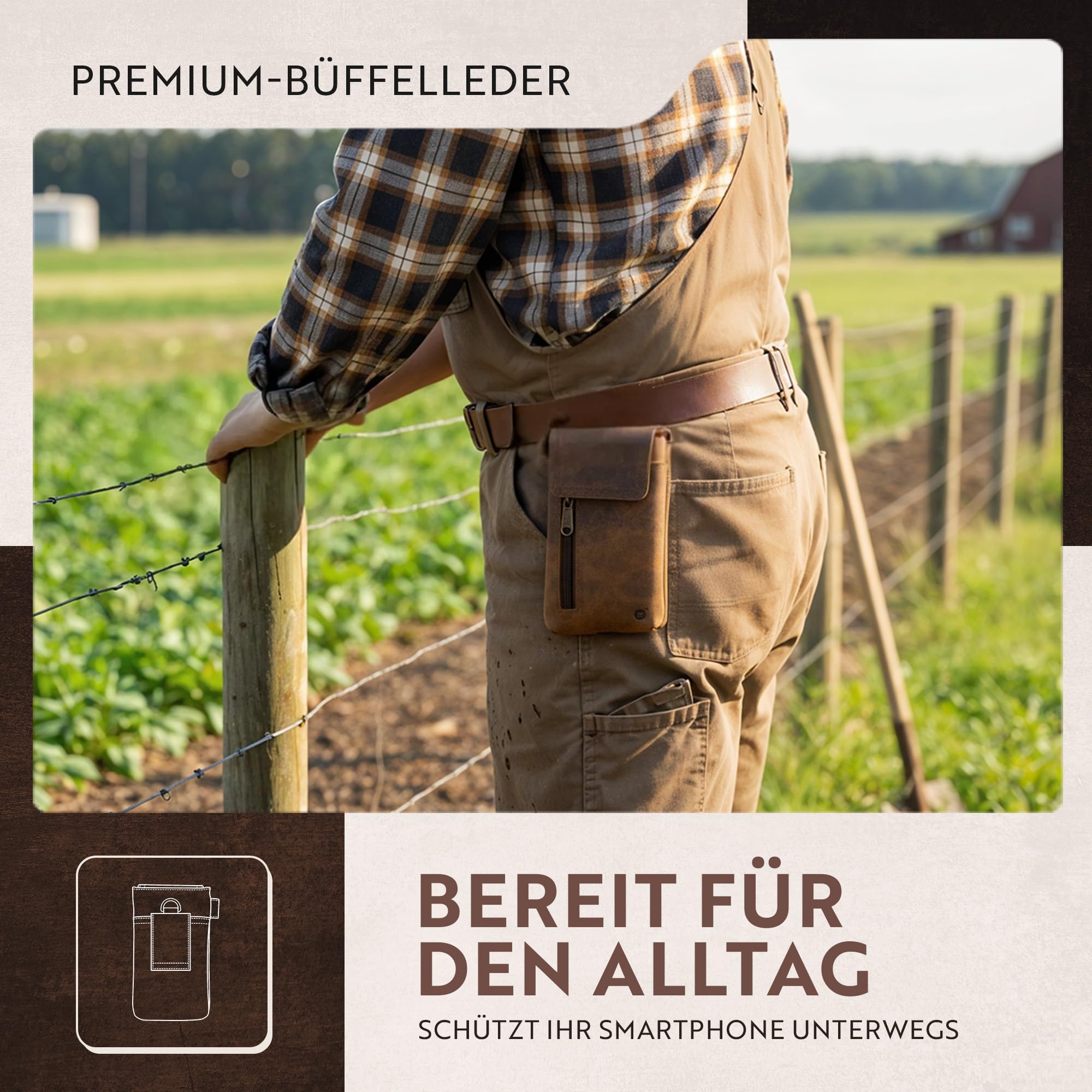 Moonster Handy Gürteltasche Herren Leder – aus Echtem Büffelleder – 19cm x 8cm Handy Leder Herren für Große Smartphones – Sichere & Langlebige Tabaktasch