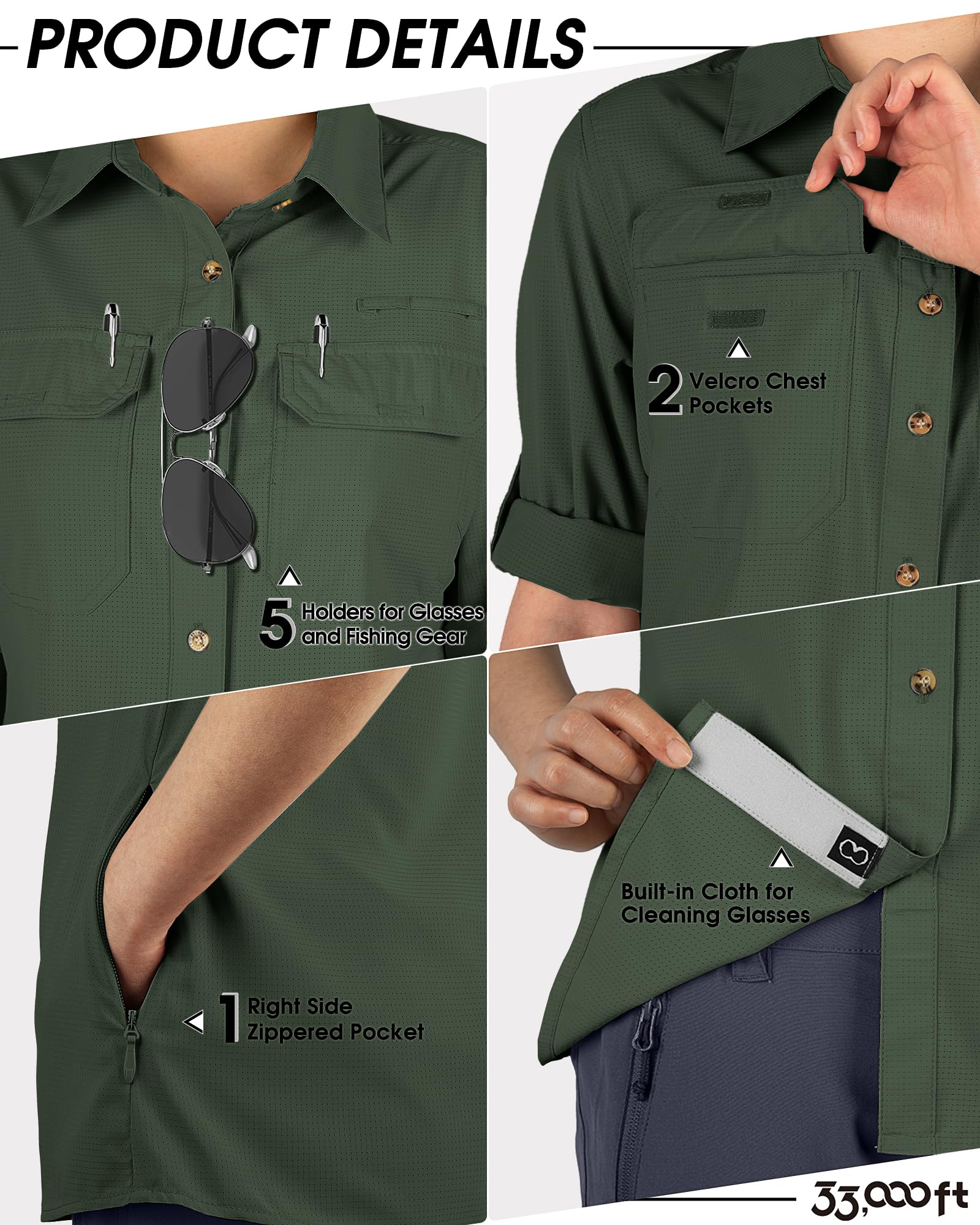 33,000ft Camicia da donna UPF50+, protezione UV, ad asciugatura rapida, per il tempo libero, a maniche lunghe, funzionale, per pesca, safari, viaggi, golf, verde scuro, L