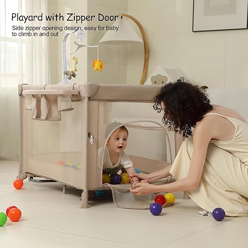 Miniatura 5 de Paquete y juego 5 en 1, moisés de bebé, cuna para bebé, cuna con cambiador, corral de viaje plegable para recién nacidos a niños pequeños (beige)