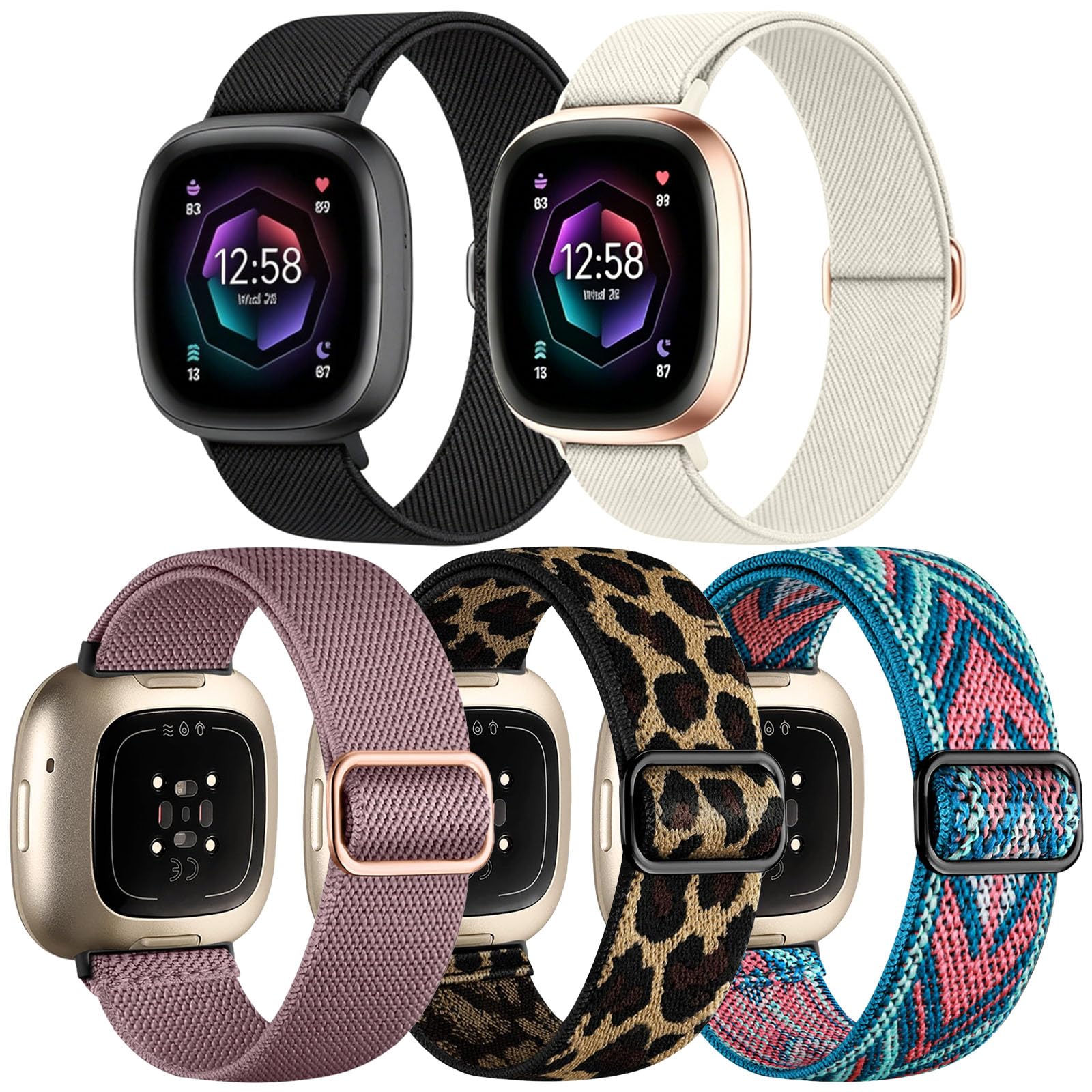 ZXgomg 5 pack nylon straps Compatibility for Fitbit Versa 4/Fitbit Sense 2/Fitbit Versa 3/Fitbit Sense. Adjustable and comfortable elastic nylon sports strap for women men