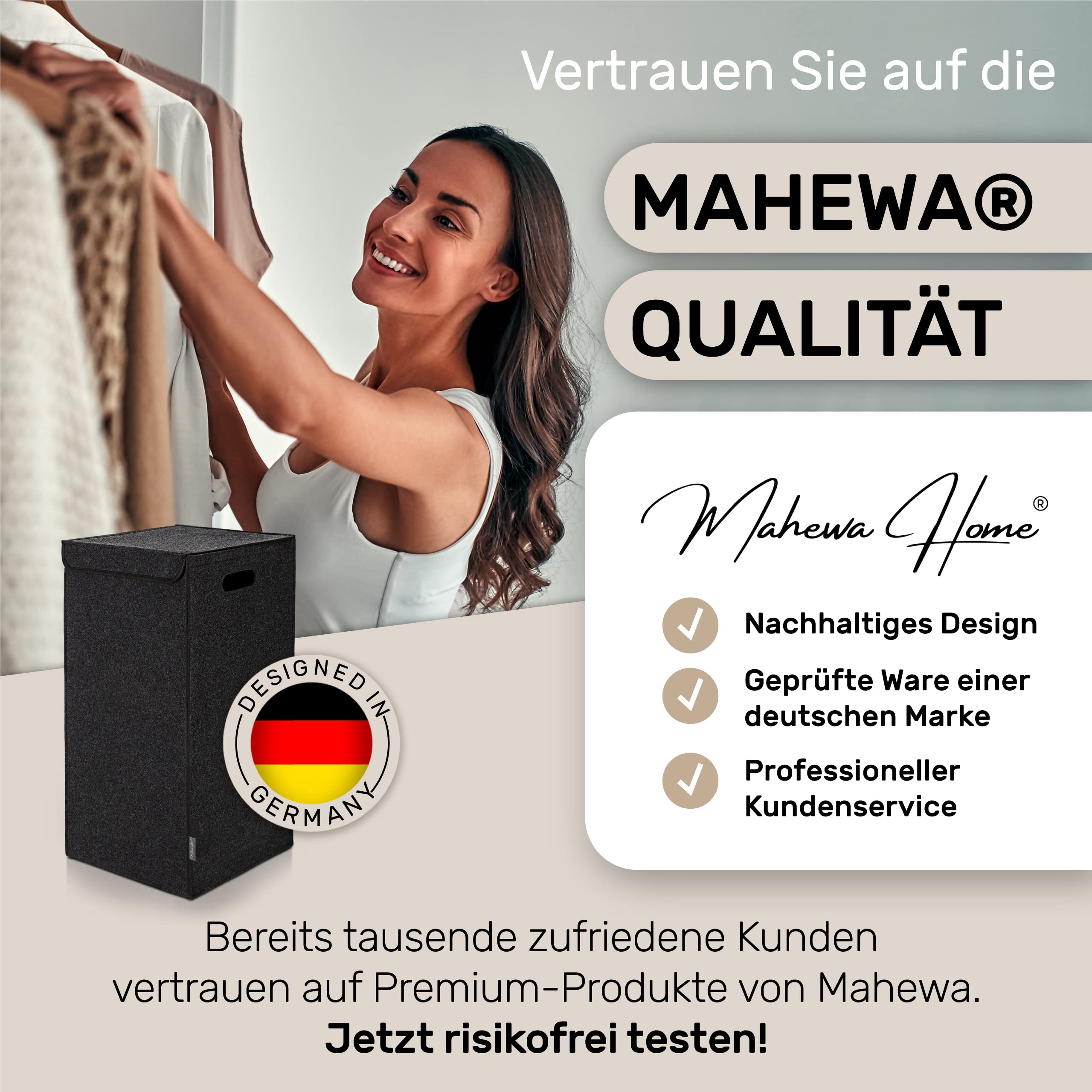 MAHEWA® Kosz na pranie z pokrywką z filcu, duży, 80 litrów, filcowy kosz na pranie, nie zajmuje dużo miejsca, składany kosz na pranie, z pokrywką (antracytowy)