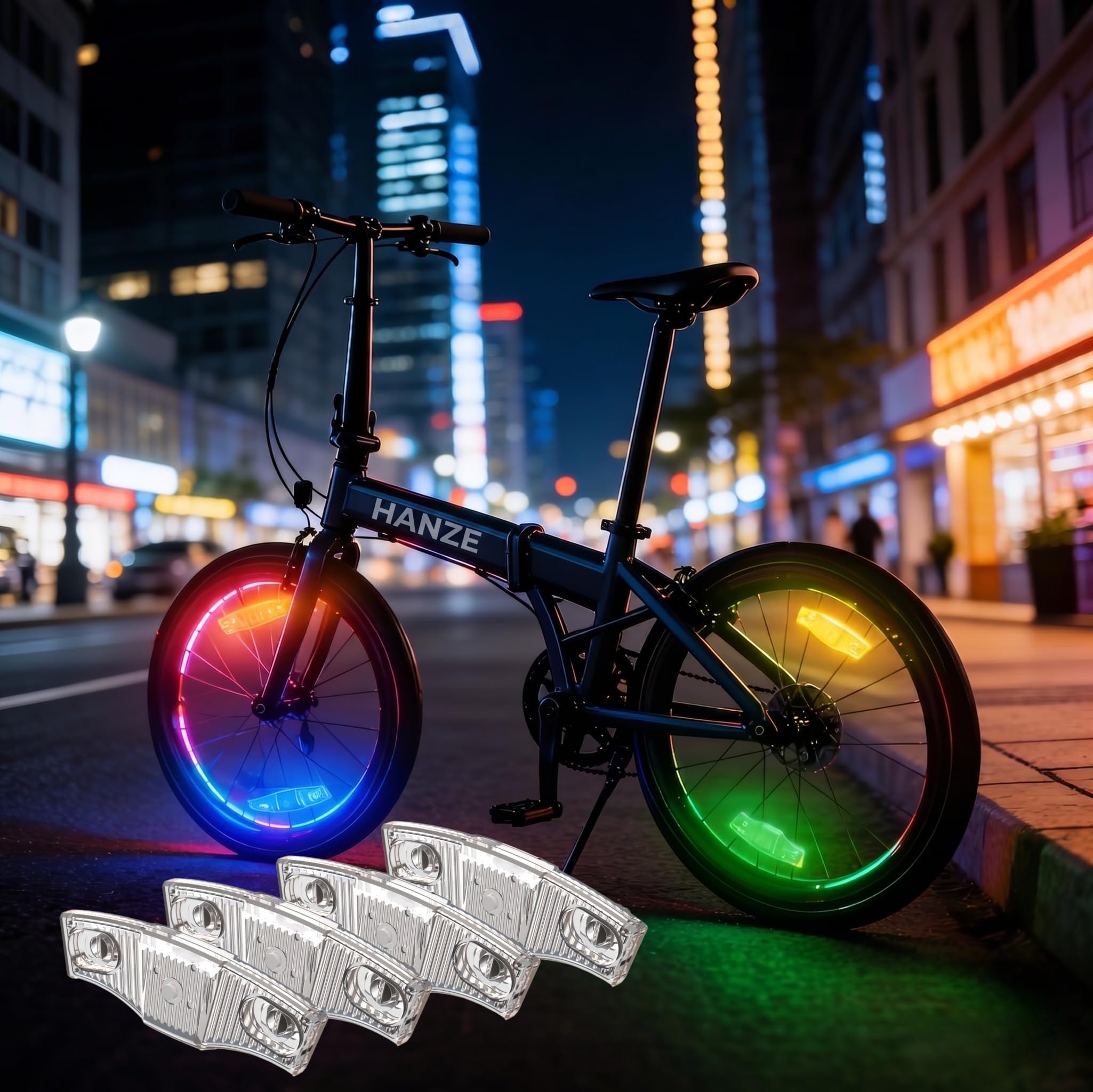 HANZE Lumières de roue de vélo rechargeables, 9 couleurs, lumières LED et réflecteurs, 21 modes d'éclairage, détecteur de mouvement, marche/arrêt automatique, accessoires étanches pour enfants et