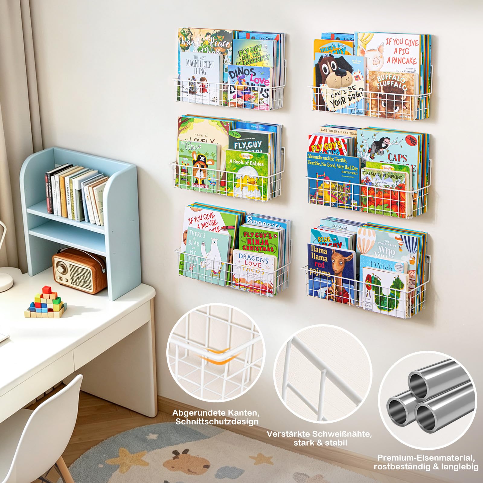 PUERSI 6er-Set Bücherregal Kinder Wand, Metall Wandregal Bücher, Hängend Regal für Kinderzimmer Aufbewahrung von Bilderbüchern für Baby, Mädchen und Jungen, Weiß