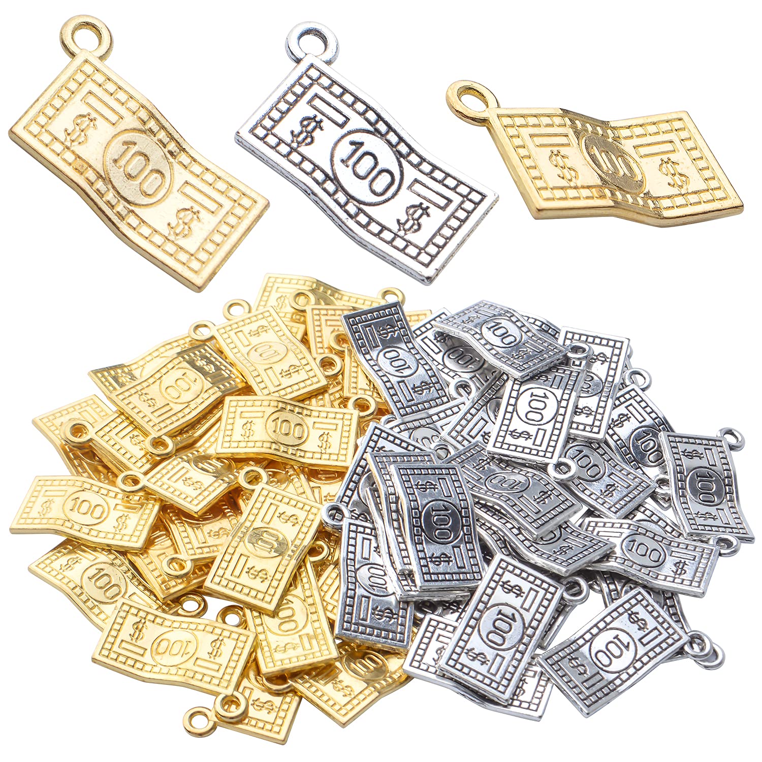 BronaGrand 60pcs Money Charms Pendant Alloy 100 Dollars Bill Charms for DIY Bracelets & Necklace Jewelry Making Craft Supplies