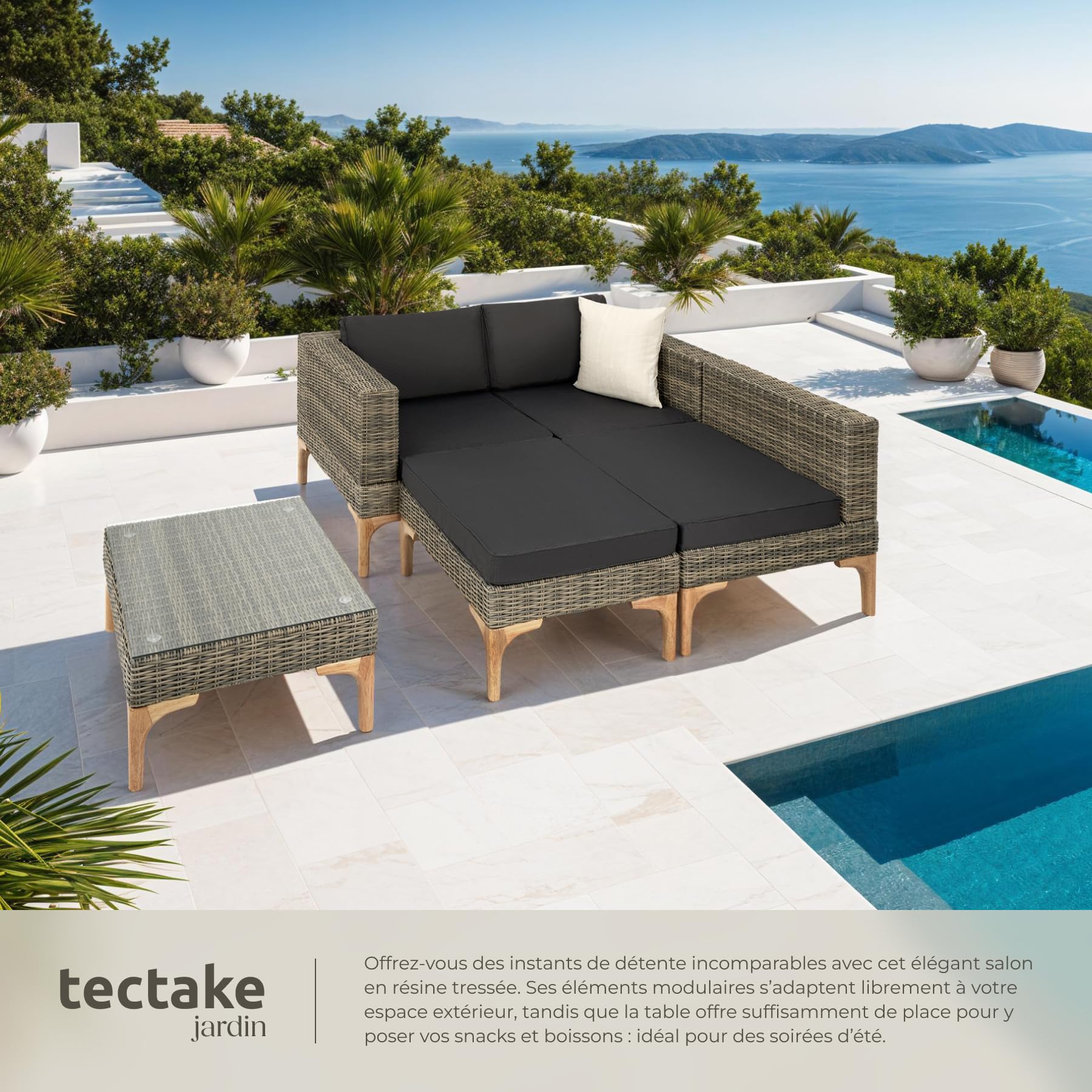 tectake® Ensemble Salon de Jardin Exterieur en Poly Rotin Modulable Bain de Soleil 4 Places 1 Canapé 1 Tabouret Pouf et 1 Table de Jardin, Mobilier de Jardin pour Amenagement Balcon Terrasse Veranda