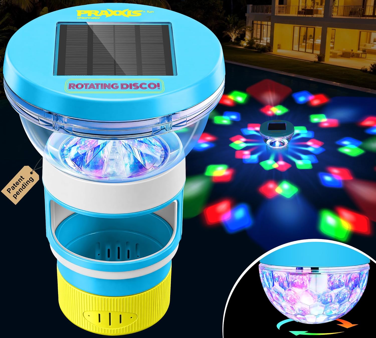 PRAXXIS Solar Chlorine Floater with Rotatable Disco Light, Pool Chlorine Floater Adjustable Flow,Floating Chlorine Dispenser for Pool,Collapsible Chlorine Floater, Chlorine Floater for Hot Tub(Yellow)