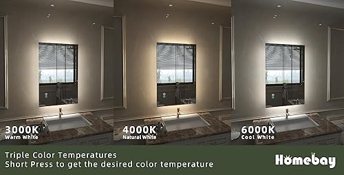 Miniatura 2 de Espejo de baño de 36 x 24 pulgadas con luz, espejo retroiluminado LED regulable, espejo de baño, tocador de baño, antivaho montado en la pared, 3