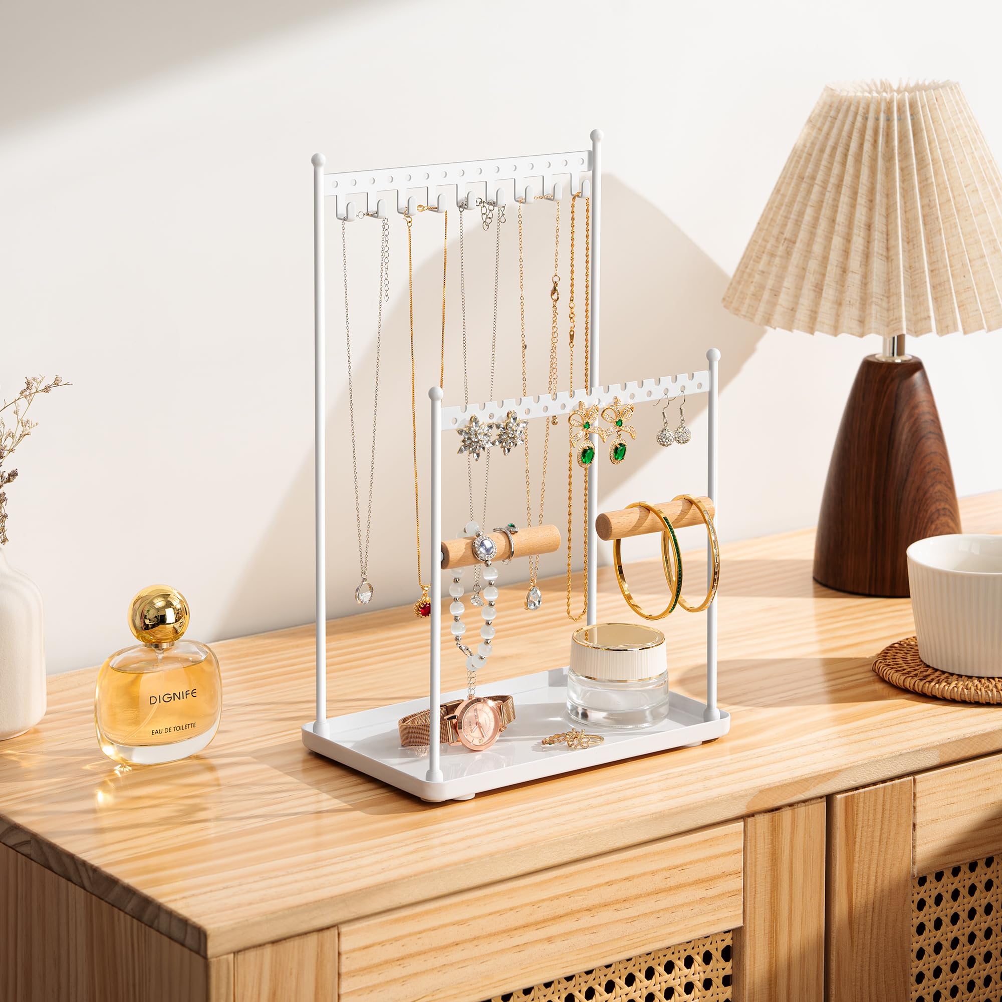 Jewelry Stand Necklace Holder Organizer – 3-Tier Jewelry Display Rack with Storage Tray – Holds 22 Pairs of Earrings, Bracelets, Rings, Necklaces – Gift for Girls & Women, White