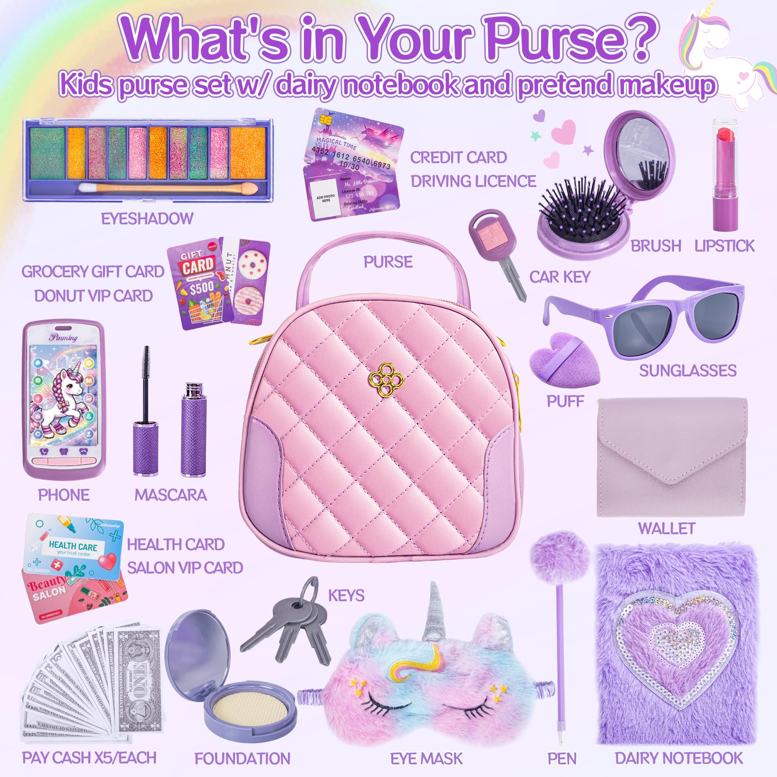 Petite Fille Sac à Main avec Accessoires, Mon Premier Ensemble de Sac à Main - Jouer Maquillage Journal Masque pour Les Yeux Portefeuille Jouet téléphone clés Lunettes de Soleil, Licorne Jouet 3+ Ans