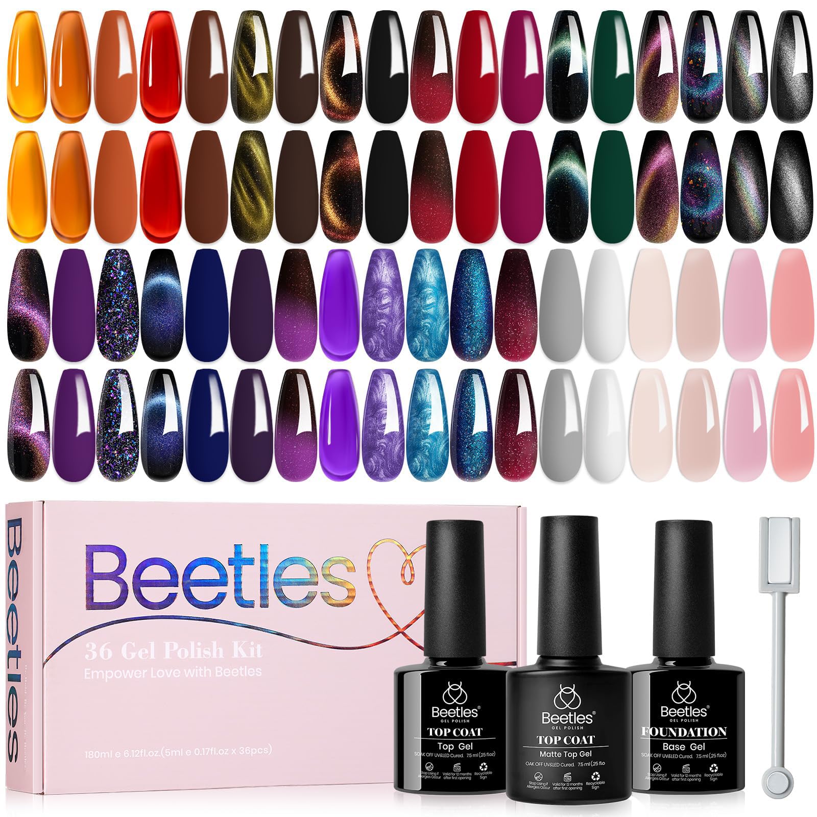 Beetles Halloween Gel Nail Polish - 39 Pcs Jelly Nail Set Glitter Changing Nail Polish Kit Treasure Box Collection with 3Pcs Base Matte and Glossy Top Soak Off Nails