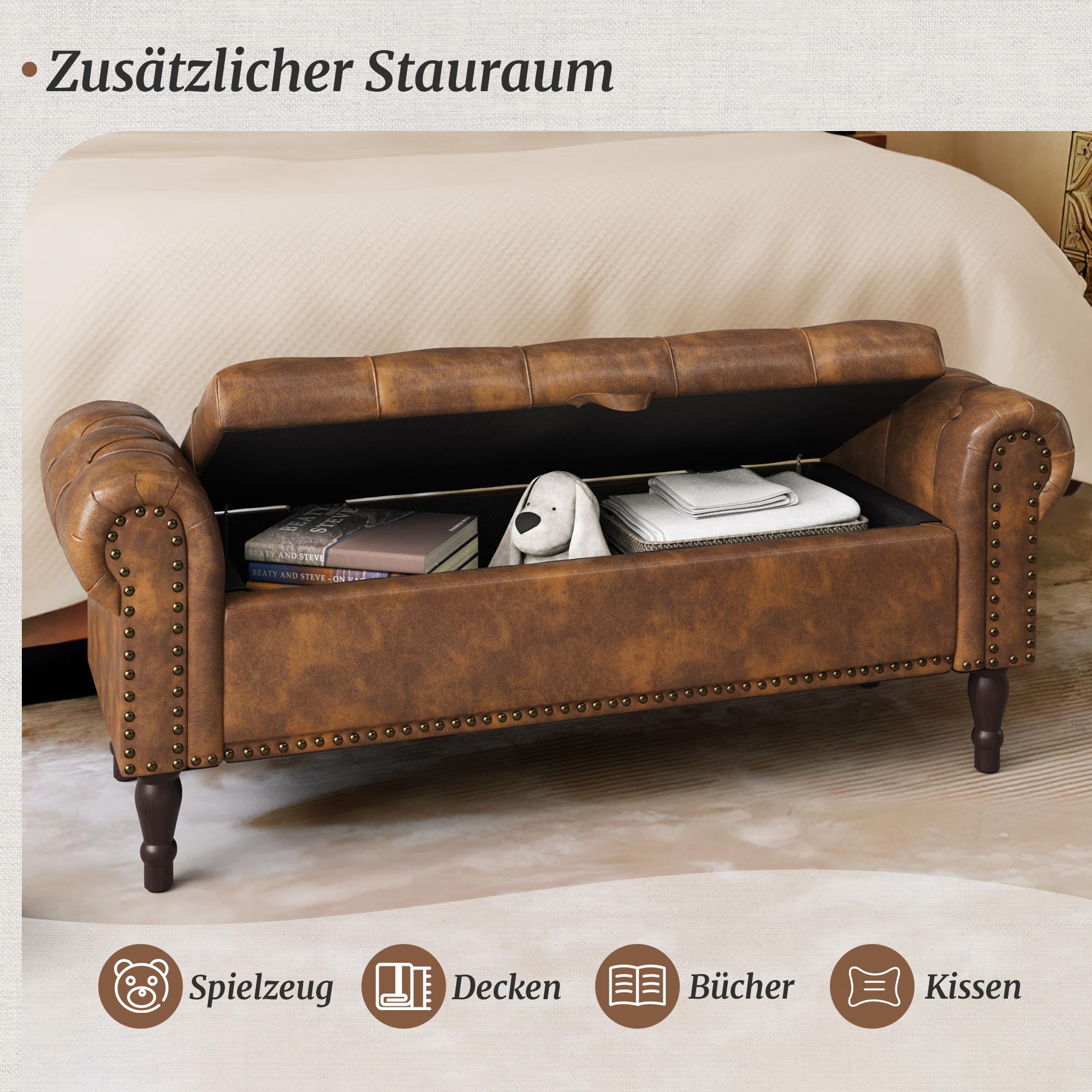 LUE BONA Sitzbank mit Stauraum 130 cm,Sitzbank Bank mit Aufbewahrungsbox,Bettbank Gepolstertem Kissen,Sitztruhe mit Armlehnen aus PU-Kunstleder für Schlafzimmer,Flur,130 X 43 X50 cm,Gelblich-Braun