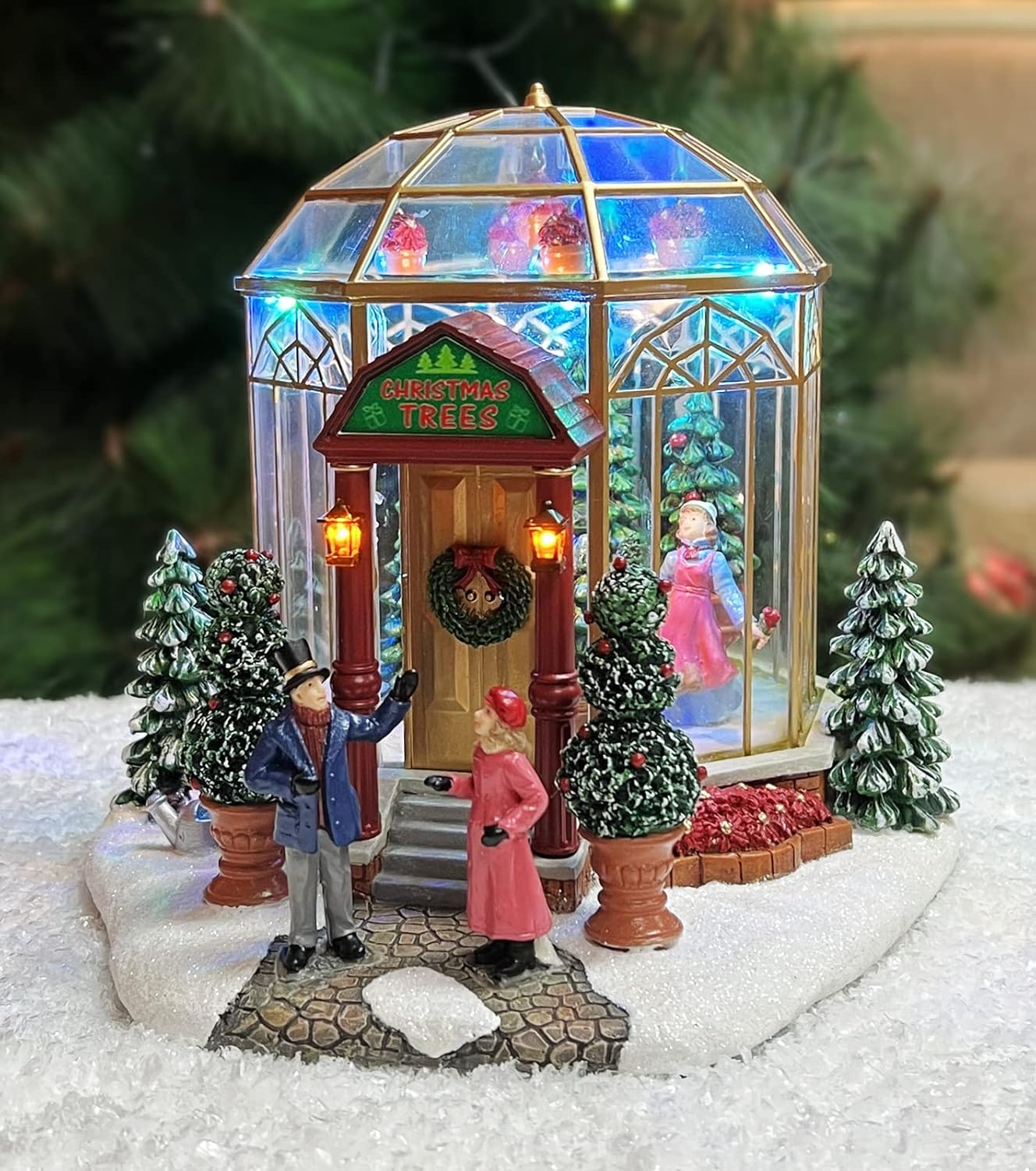 Christmas Village Lighted Tree Shop by Moments in Time LED Musical Holiday Building with Battery Operation, Handcrafted Décor for Christmas Village Display 7.5”