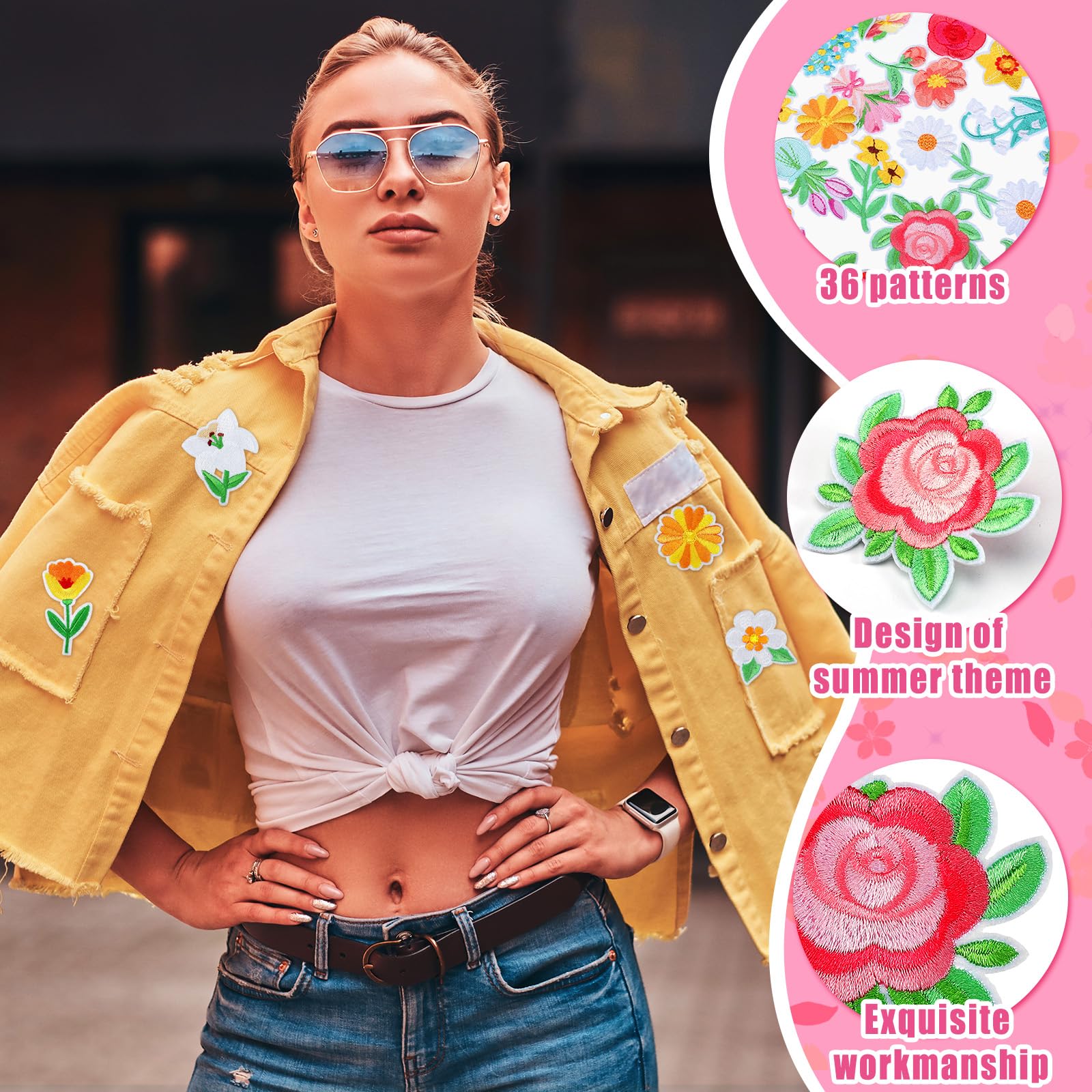 Zeyune 72 parches de flores pequeñas para planchar a granel, bordados a granel, parches florales para planchar en sombrero, girasol, margaritas, tulipanes, peonías, apliques para coser para sombrero