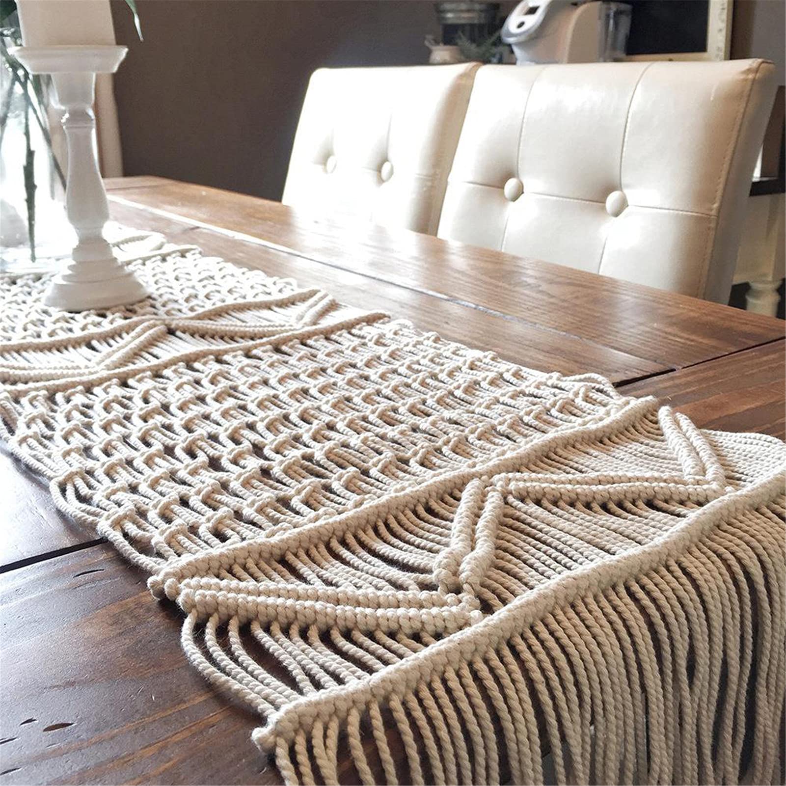 Beige Boho Tischläufer Mit Quasten, Handgewebter Makramee-Tischläufer, Böhmische Baumwoll-Tischdecke Für Dinnerparty Hochzeitstisch Wedding,35x220cm