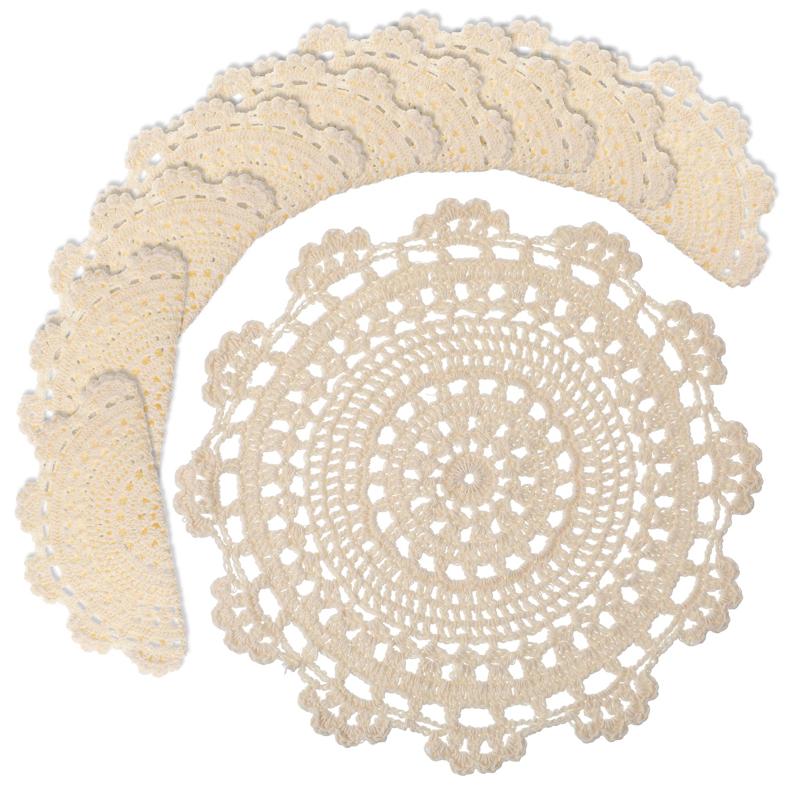 Photo 1 of 10 Pcs 10 Inch Lace Doilies for Tables Crochet Doilies Vintage Cotton Lace Coasters Handmade Round Placemats Rustic Table Decor for Kitchen Dining Room Wedding Cup Vase Decoration, Beige