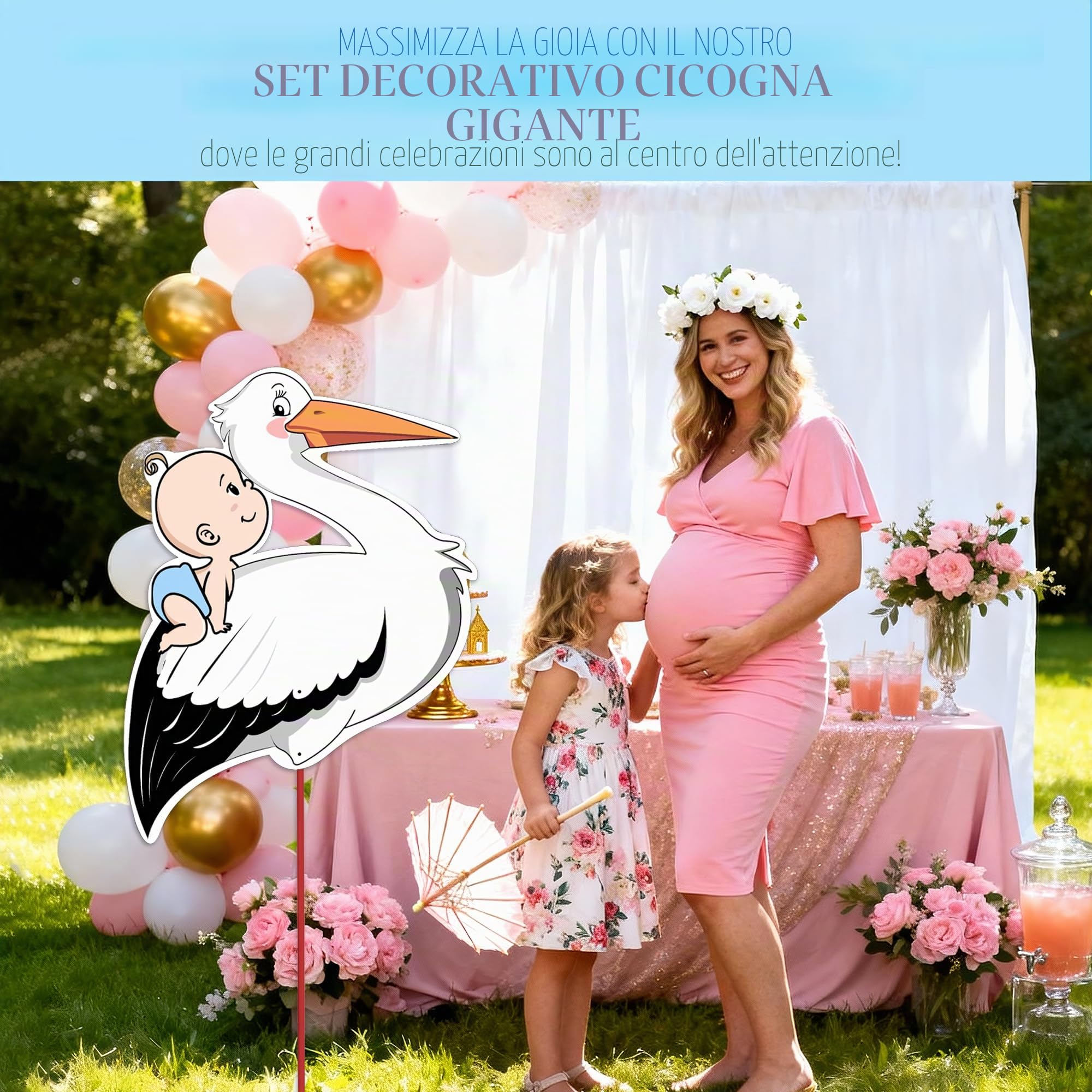 158 cm, grandi annunci di nascita con cicogna sonagliante per esterni, simpatico set di nascita con cicogna sonagliata, decorazione di benvenuto per la casa, stampa su entrambi i lati (blu)