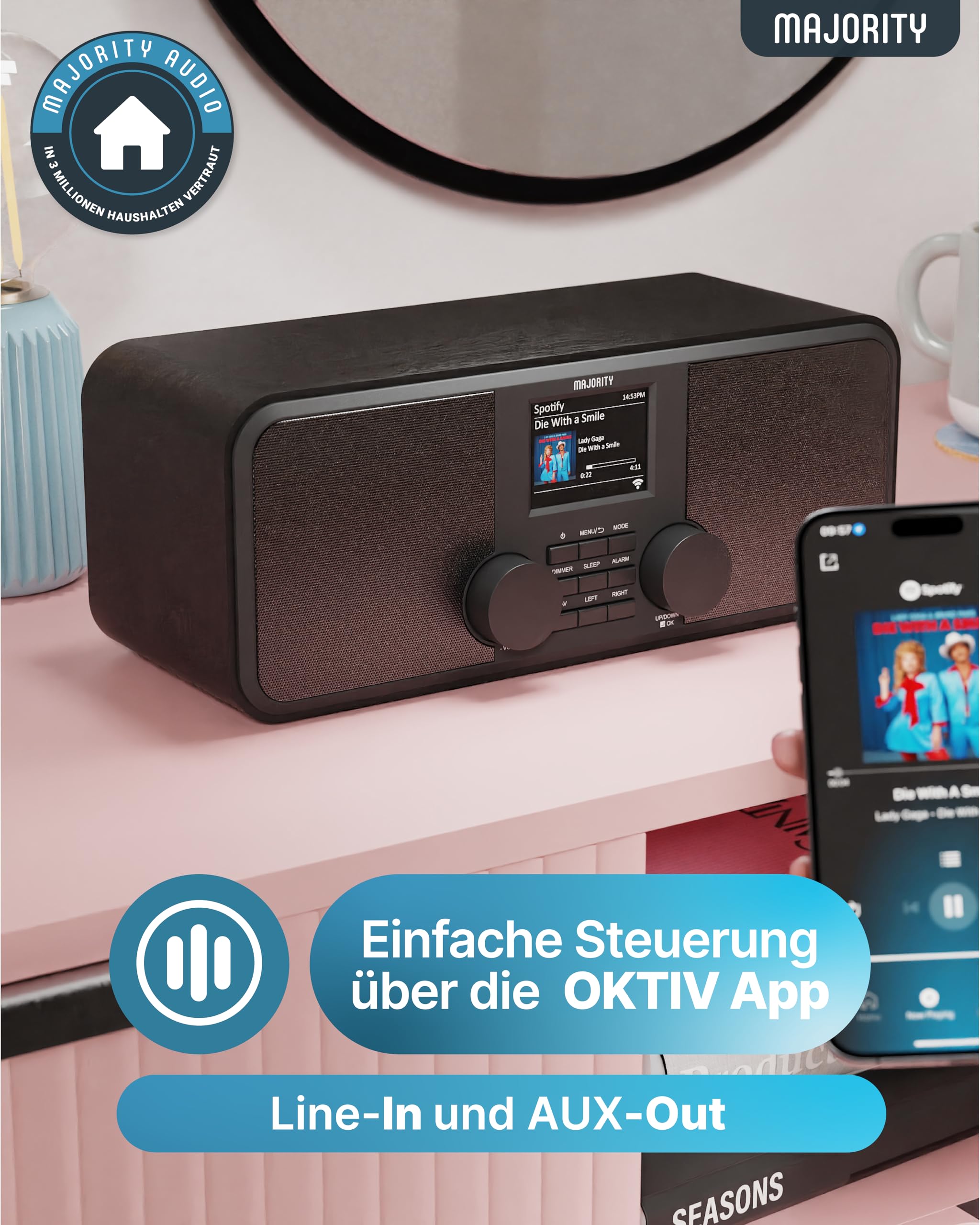 MAJORITY Rostock Internetradio WLAN DAB+ Bluetooth Stereoanlage Digitalradio 2.0-Stereolautsprecher Spotify Connect UKW