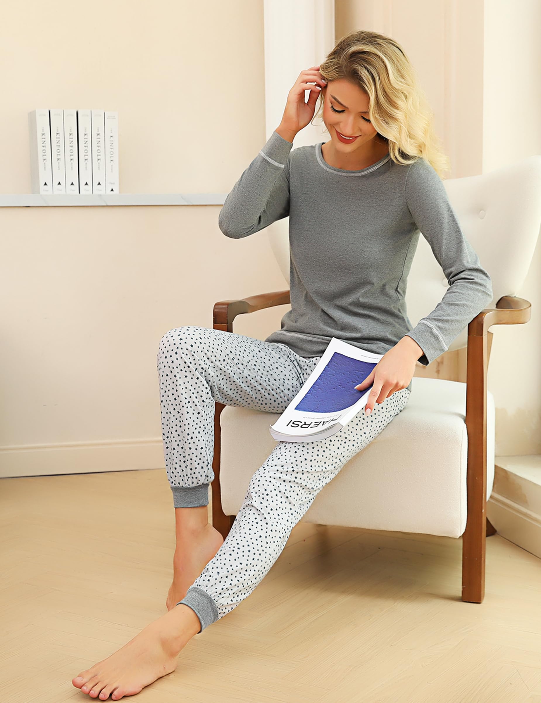 Litherday Pigiama Donna Invernale Cotone Pigiami da Donna Lungo Pigiami Due Pezzi da Donna Pigiama a Manica Lunga Pantaloni Lunghi con Tasche Morbido e Confortevole S-XXL