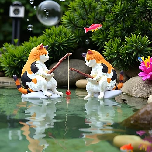 Miniatura 5 de 2 figuras de pesca de gato, bonita decoración de estatua de gato, mini decoraciones de resina, escultura artesanal para tanques de acuario,