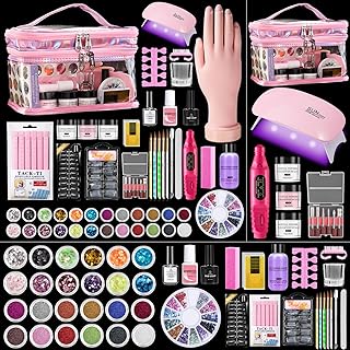 Acrylic Nail Kit with Everything: Beginners Practice Hand Acrylic Nail Powder Liquid Set with U V Lamp Drill in Gift Bag for Home Salon(Pink Bag)
