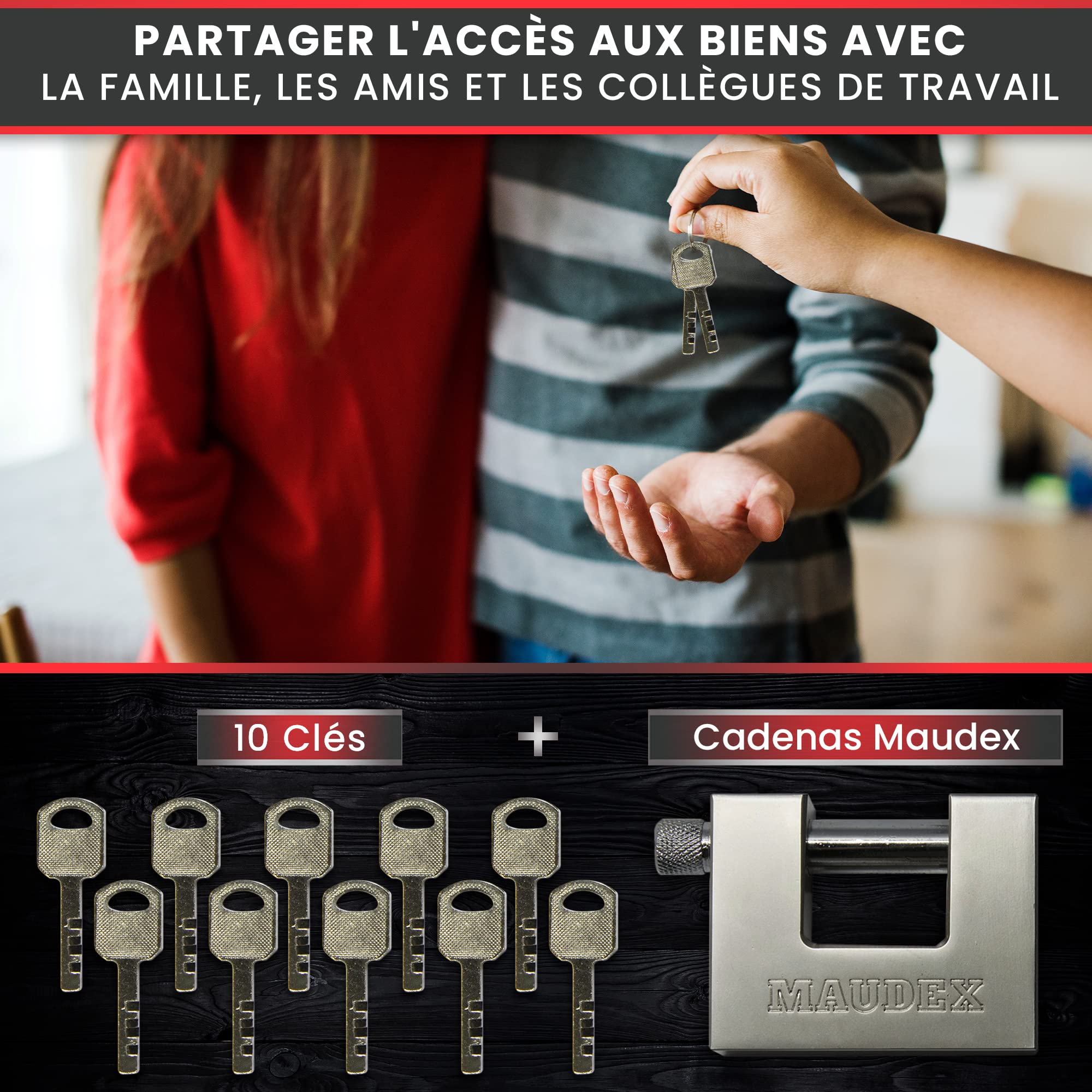 Maudex® MDP90 Cadenas Extérieur avec 10 Clés - Anse 12 mm Anse Résistante aux Coupures, Gros Corps Inox Étanche | Antivol de Sécurité pour Conteneur, Portail, Remorque Attelée