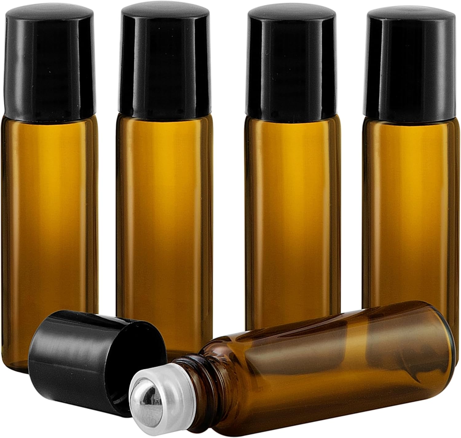 Essential Oil Roll-On Bottles 5ml– Set of 5 Refillable Amber Glass Containers perfect for Aromatherapy – Perfume – Massage Oils – Ideal Travel Size with a Leakproof Design
