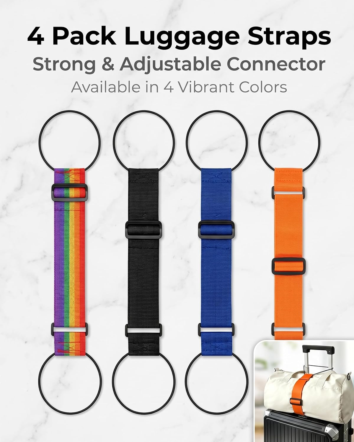 Multi Use Strong Adjustable Luggage Connector Straps 4 Pack, Elastic Fastening Belt for Suitcases, Add a Bag to Travel Suitcase Hands Free, Luggage Straps for Multiple Suitcases