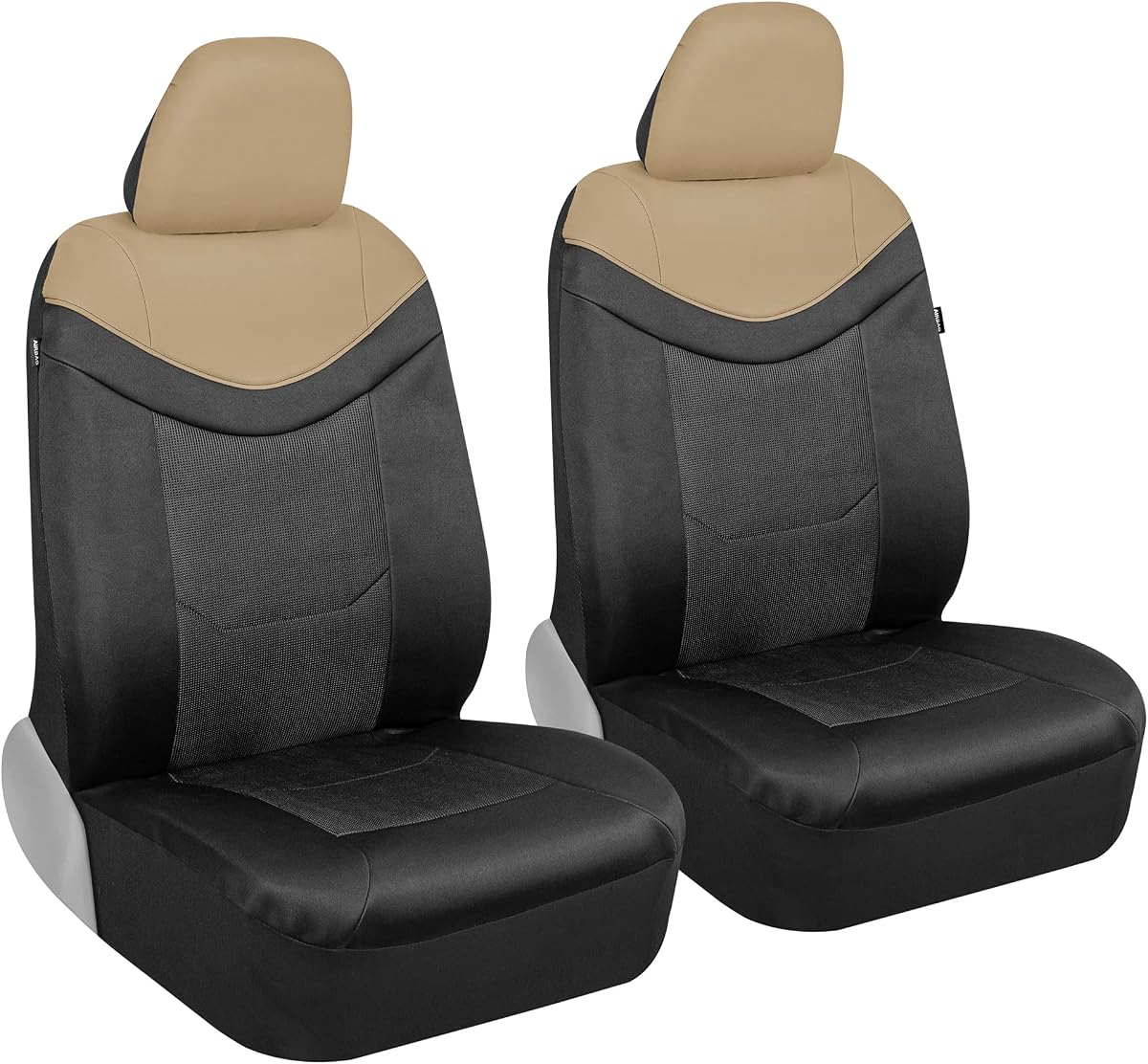 Premium LuxeSport Fundas de asiento de coche beige para asientos delanteros, paquete de 2 – Protectores de asientos automotrices con cómodo respaldo de malla y reposacabezas de piel sintética, fundas interiores para coche, camión, furgoneta, SUV