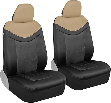 Motor Trend Premium LuxeSport Beige Car Seat Covers for Front Seats, 2 Pack Automotive Seat Protectors with Comfortable Mesh Back & Faux Leather Headrest, Interior Covers for Car Truck Van SUV